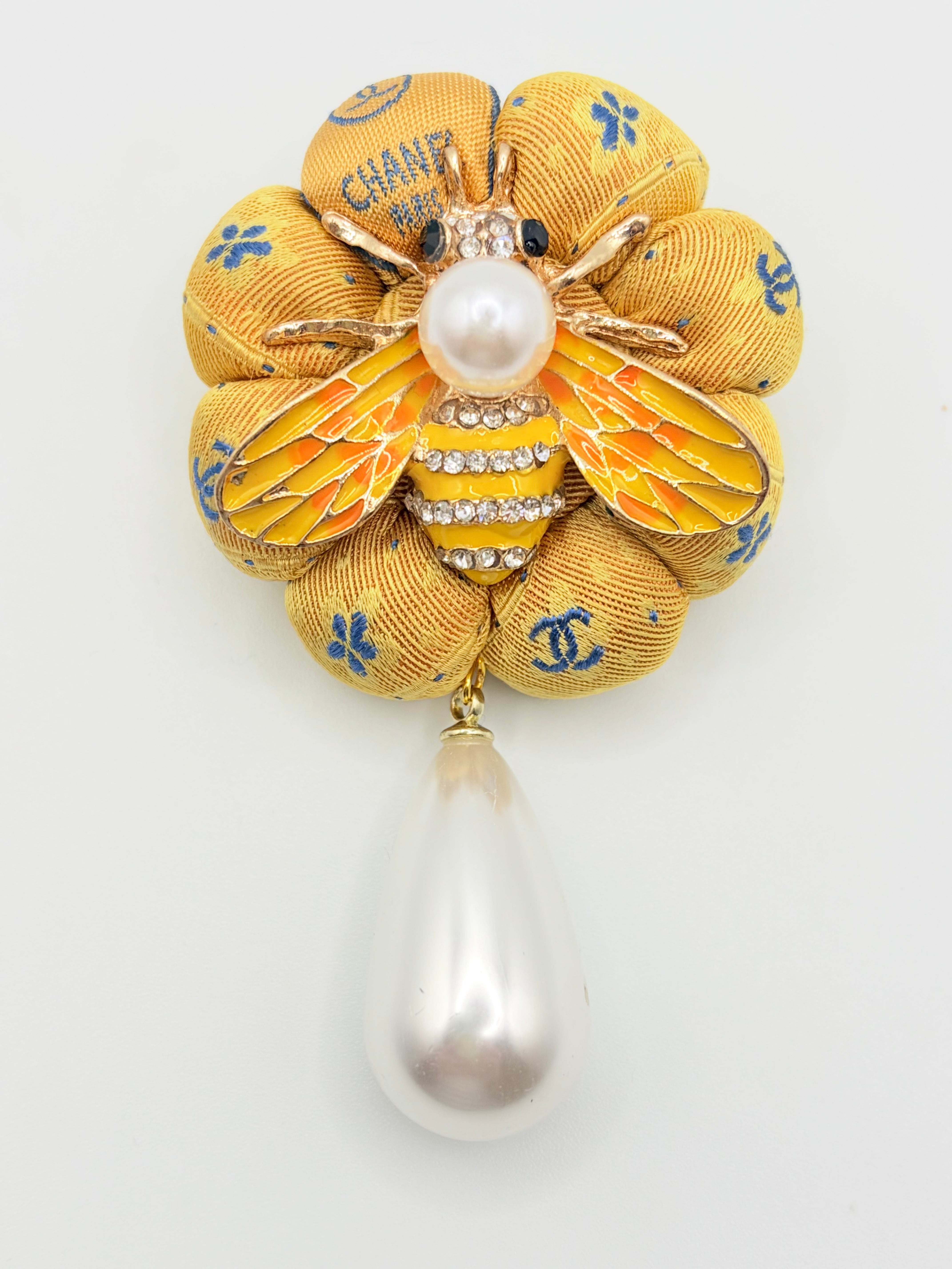 Yellow CC bee rosette pearl drop brooch made from a vintage Chanel silk tie