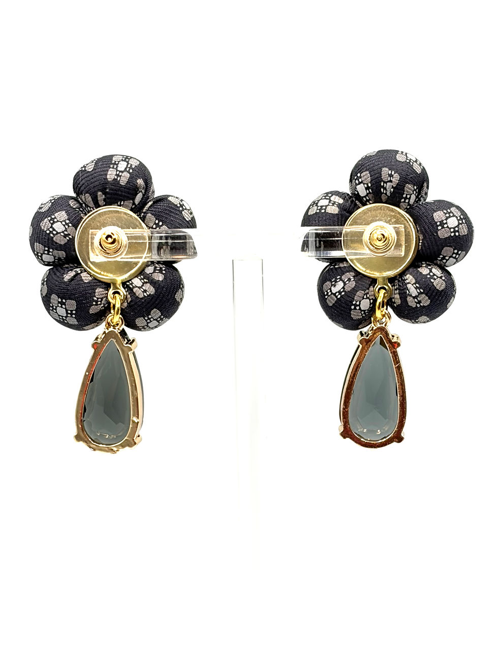 Thumbnail: Black CC flower earrings with jewel drops made from a vintage Chanel silk tie