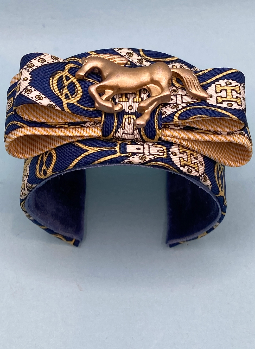Thumbnail: Blue equestrian print cuff made from vintage Hermes and Ferragamo silk ties 