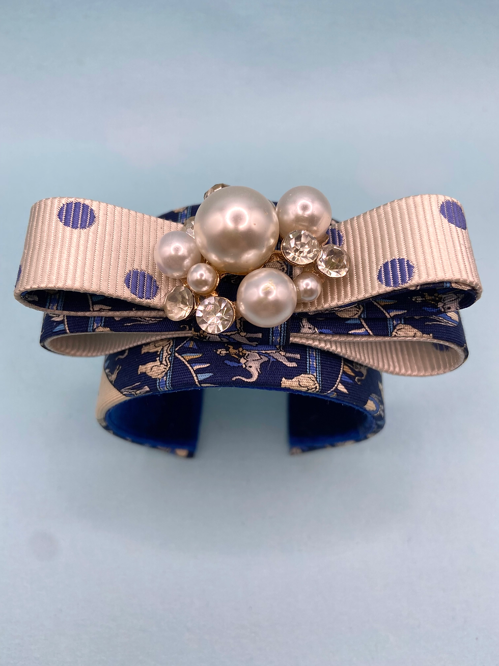 Thumbnail: Blue Circus print cuff made from Ferragamo and Gucci vintage silk ties