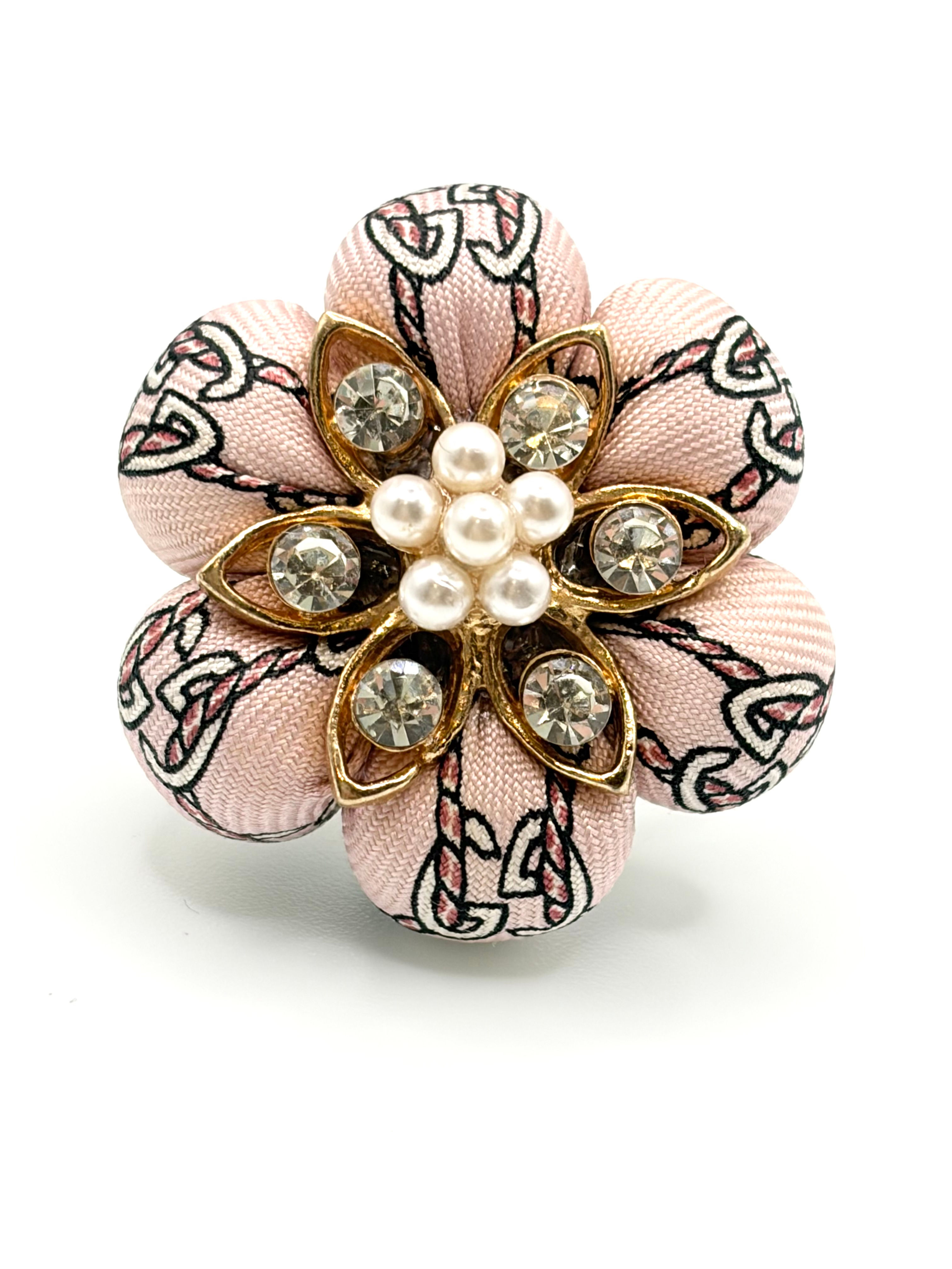 Pink GG logo rope print ring with flower made from a vintage Gucci silk tie