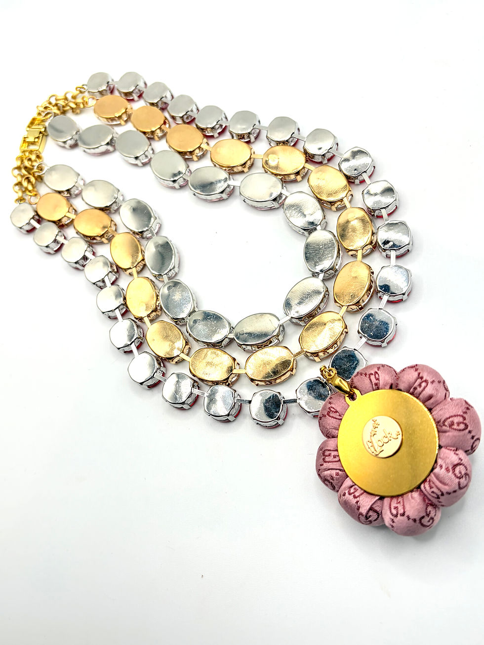 Thumbnail: Pink GG logo bee jewel necklace made from a vintage Gucci silk tie