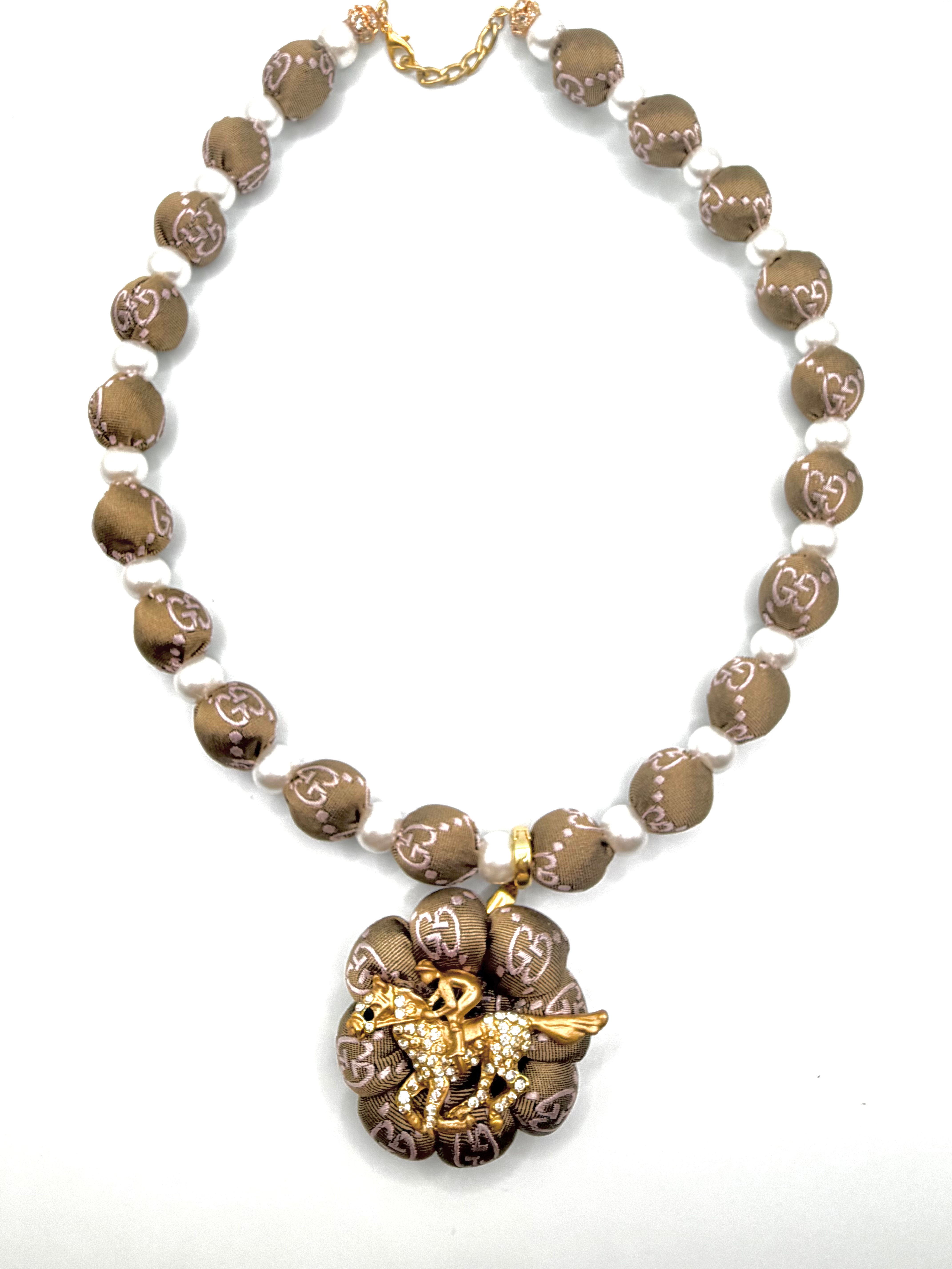 Pink & brown GG logo butterfly necklace made from a vintage Gucci silk tie