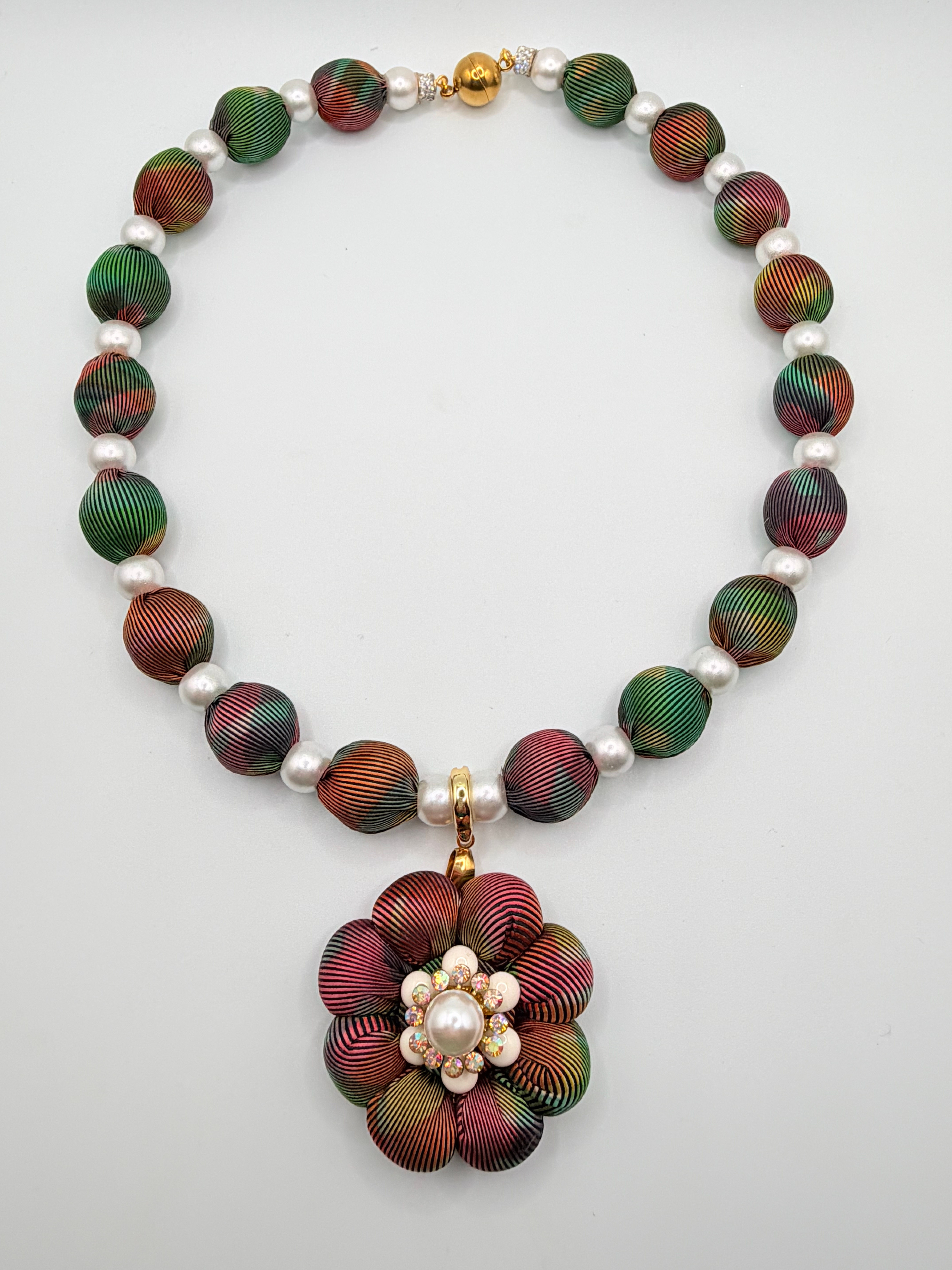 Paint brush plaid necklace with pendant made from vintage Gucci silk tie