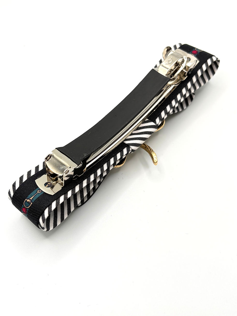 Thumbnail: Black micro horse bit print large hair clip made from vintage silk Gucci tie