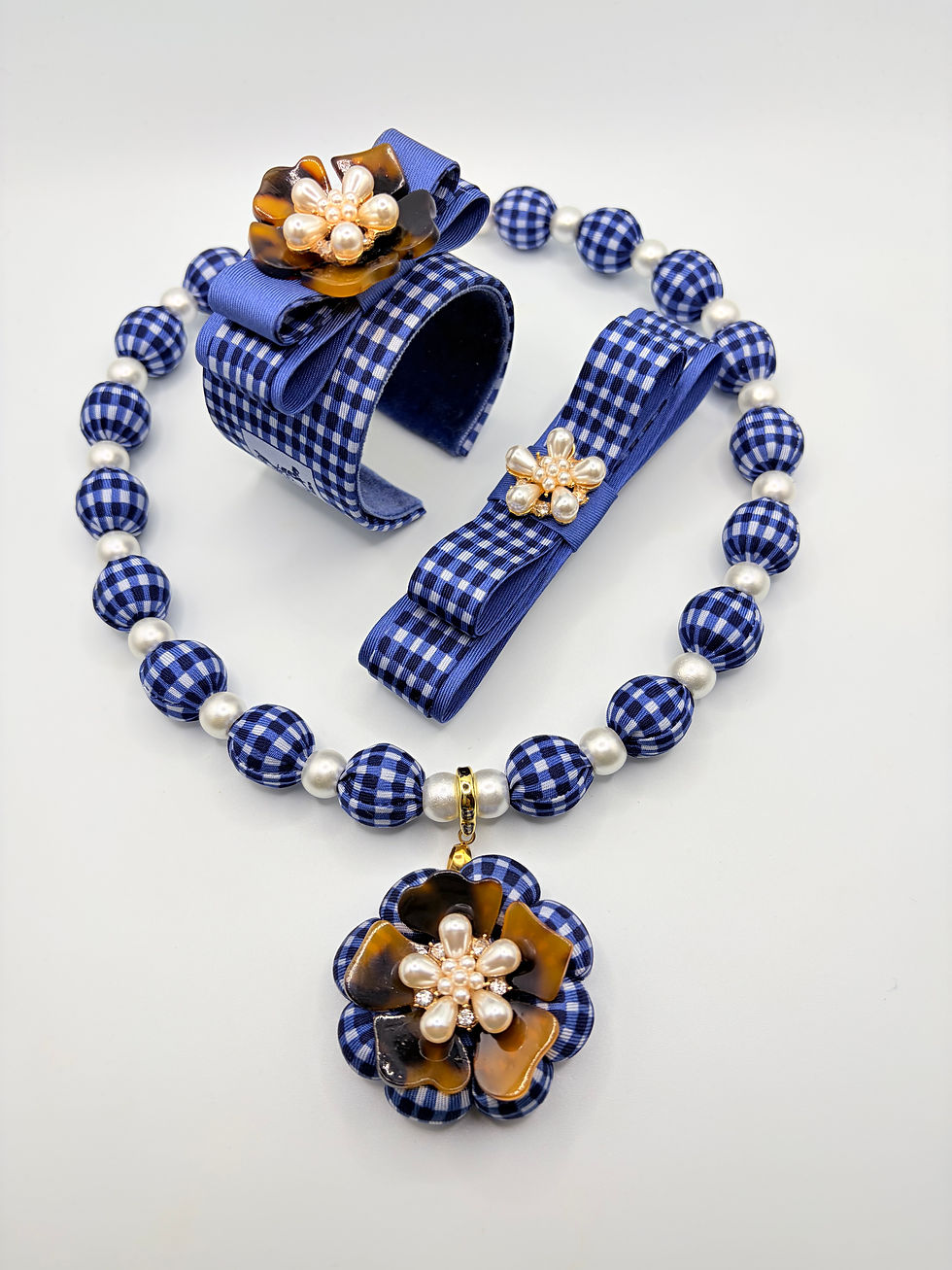 Thumbnail: Ink blue gingham necklace with  pendant made from vintage Hermes silk tie