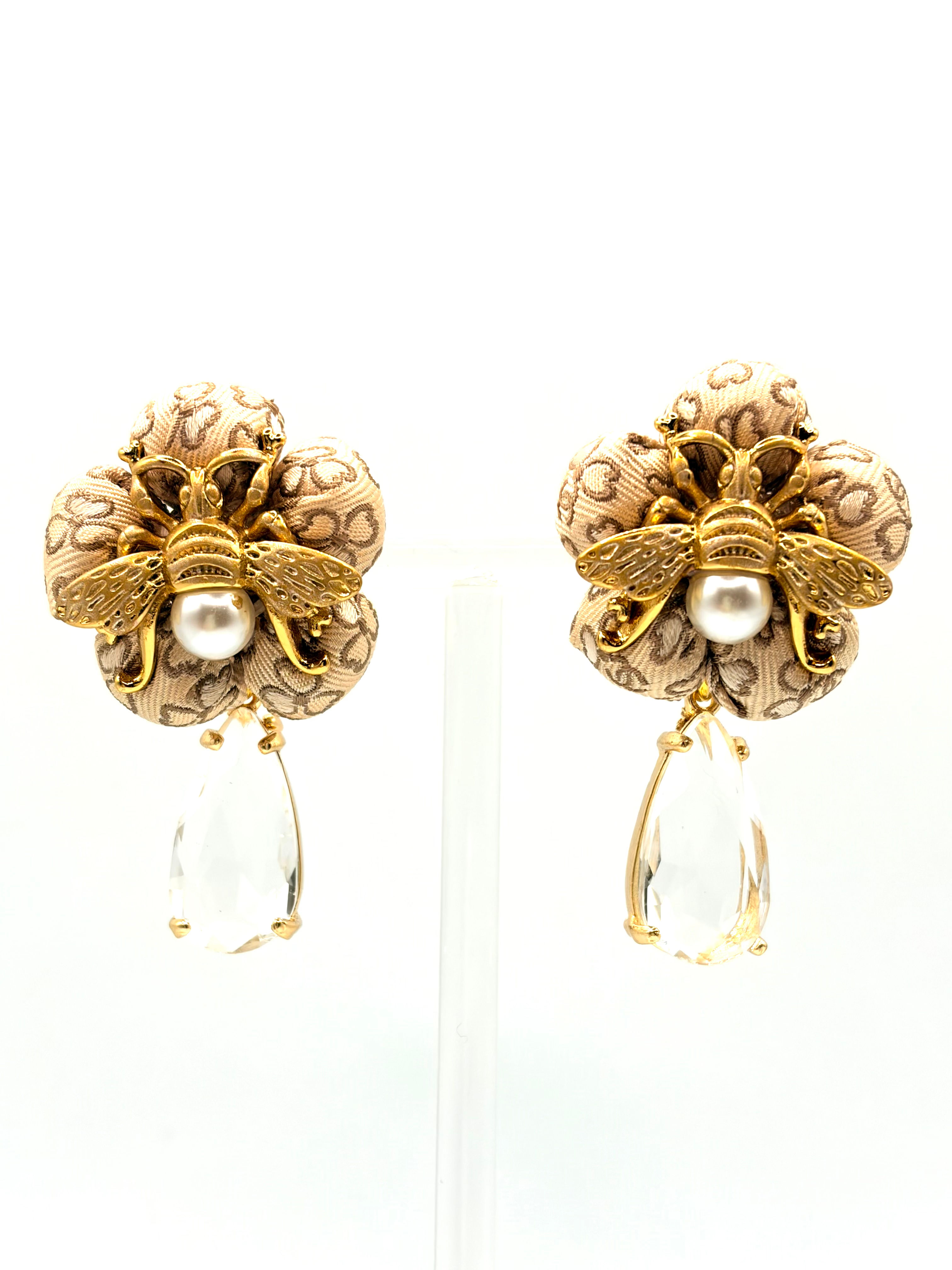 Latte CC logo bee glass drop earrings made from a vintage Chanel silk tie