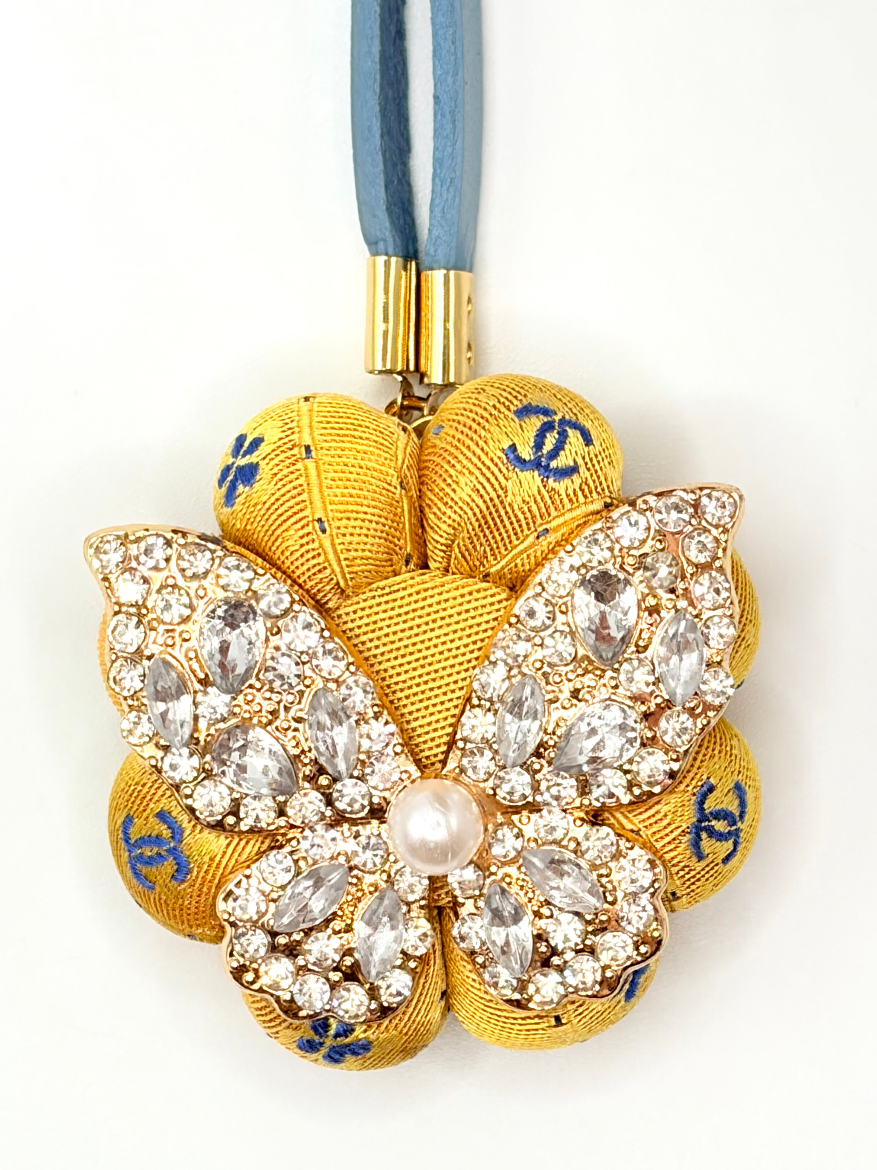 Yellow & blue CC logo butterfly bag charm made from a vintage Chanel silk tie