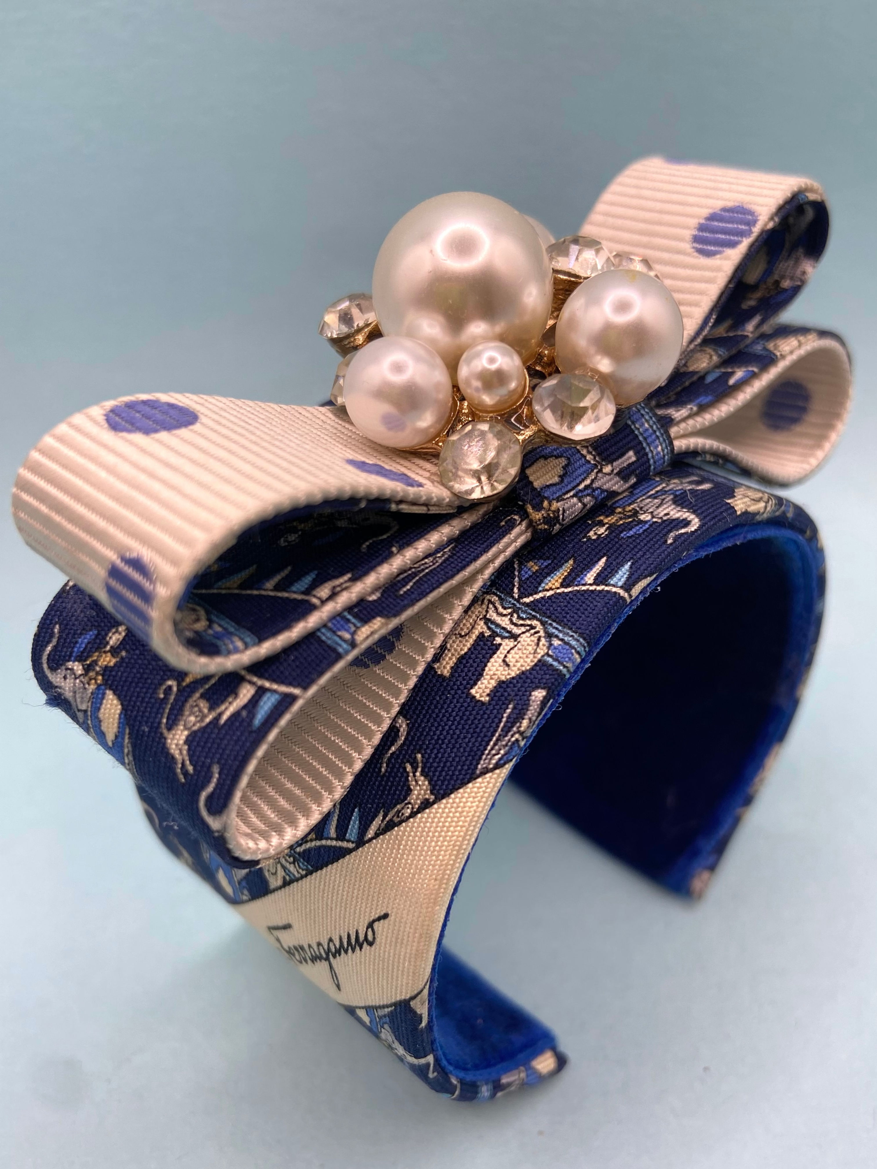 Blue Circus print cuff made from Ferragamo and Gucci vintage silk ties