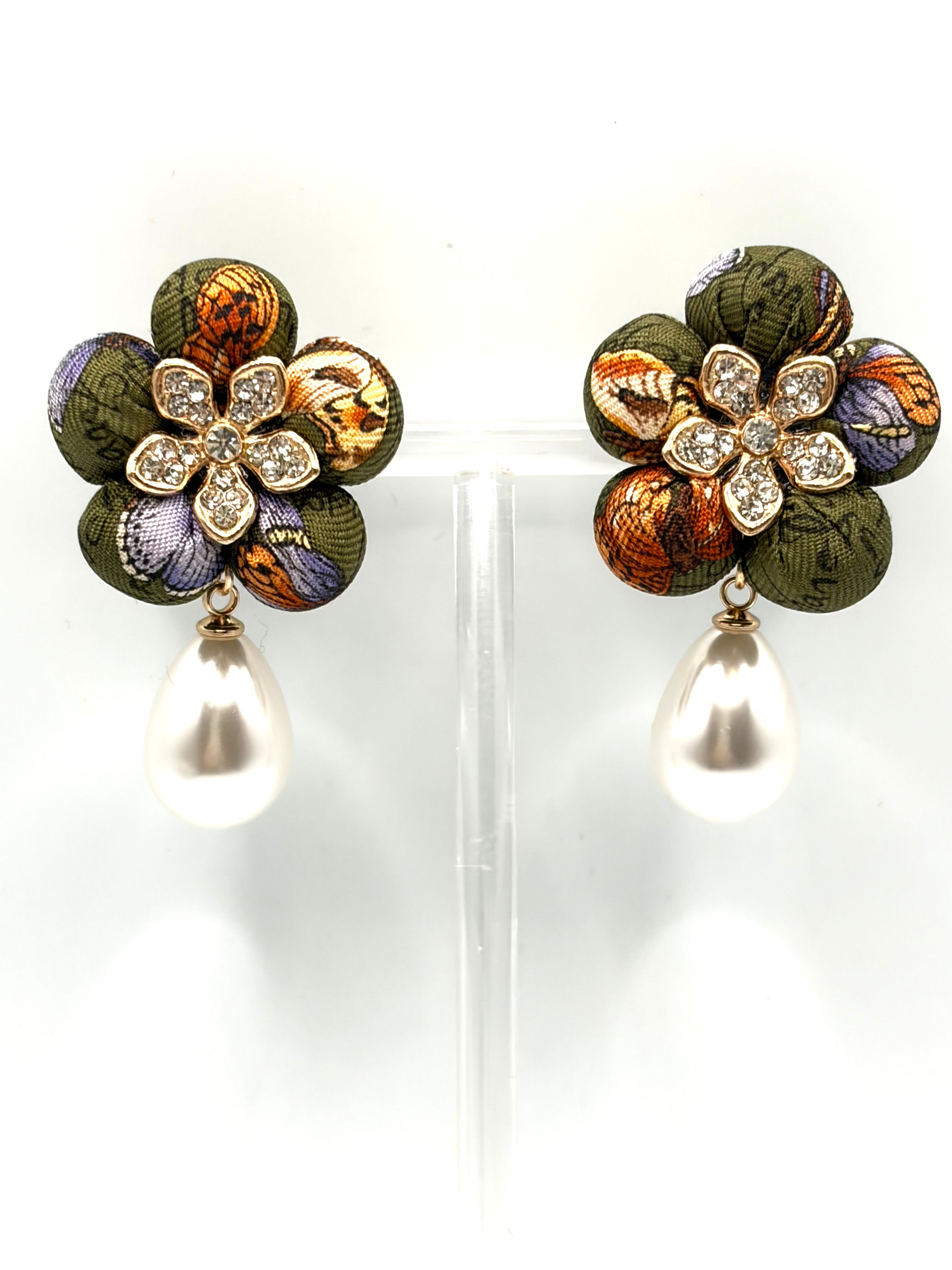 Olive green butterfly earrings with pearls made from vintage Chanel silk tie