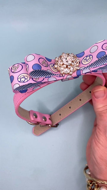 Thumbnail: Bubblegum pink CC logo pet couture collar made from a vintage Chanel silk tie