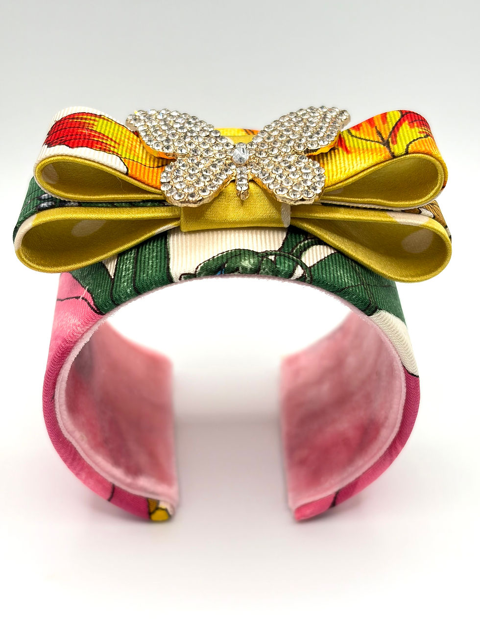 Thumbnail: Pink & yellow botanical print cuff made from a vintage Gucci Flora silk tie