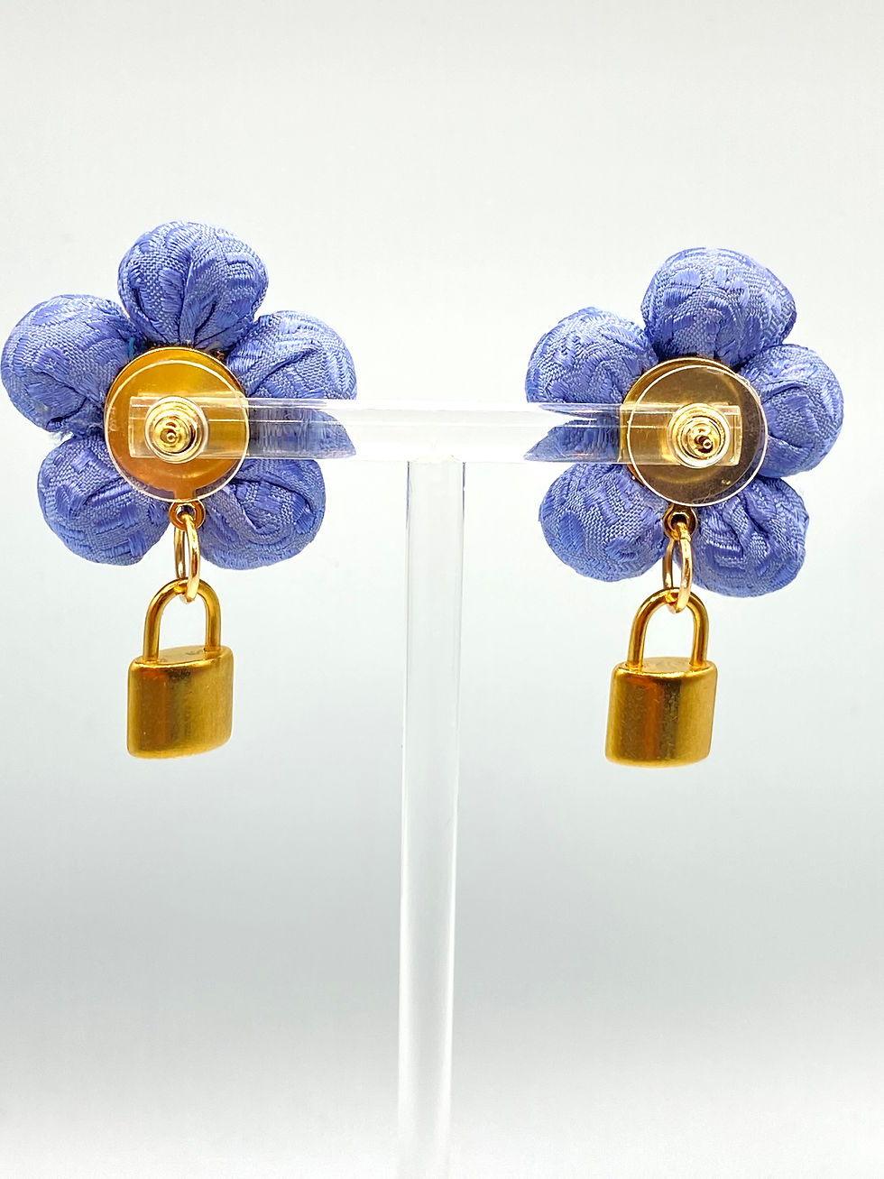 Thumbnail: LV logo earrings with lock drops made from a vintage LV silk tie