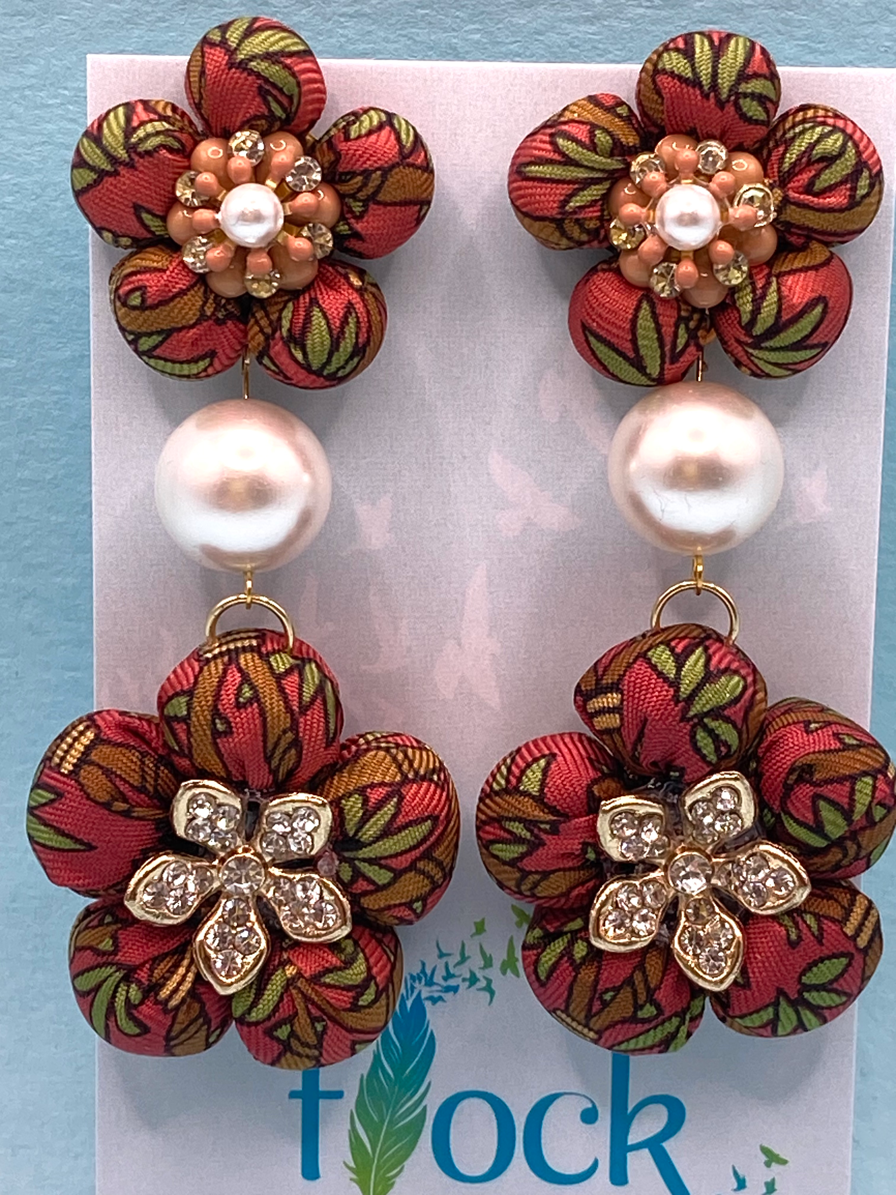 Green & pink bamboo print chandelier earrings made from vintage silk Hermes tie