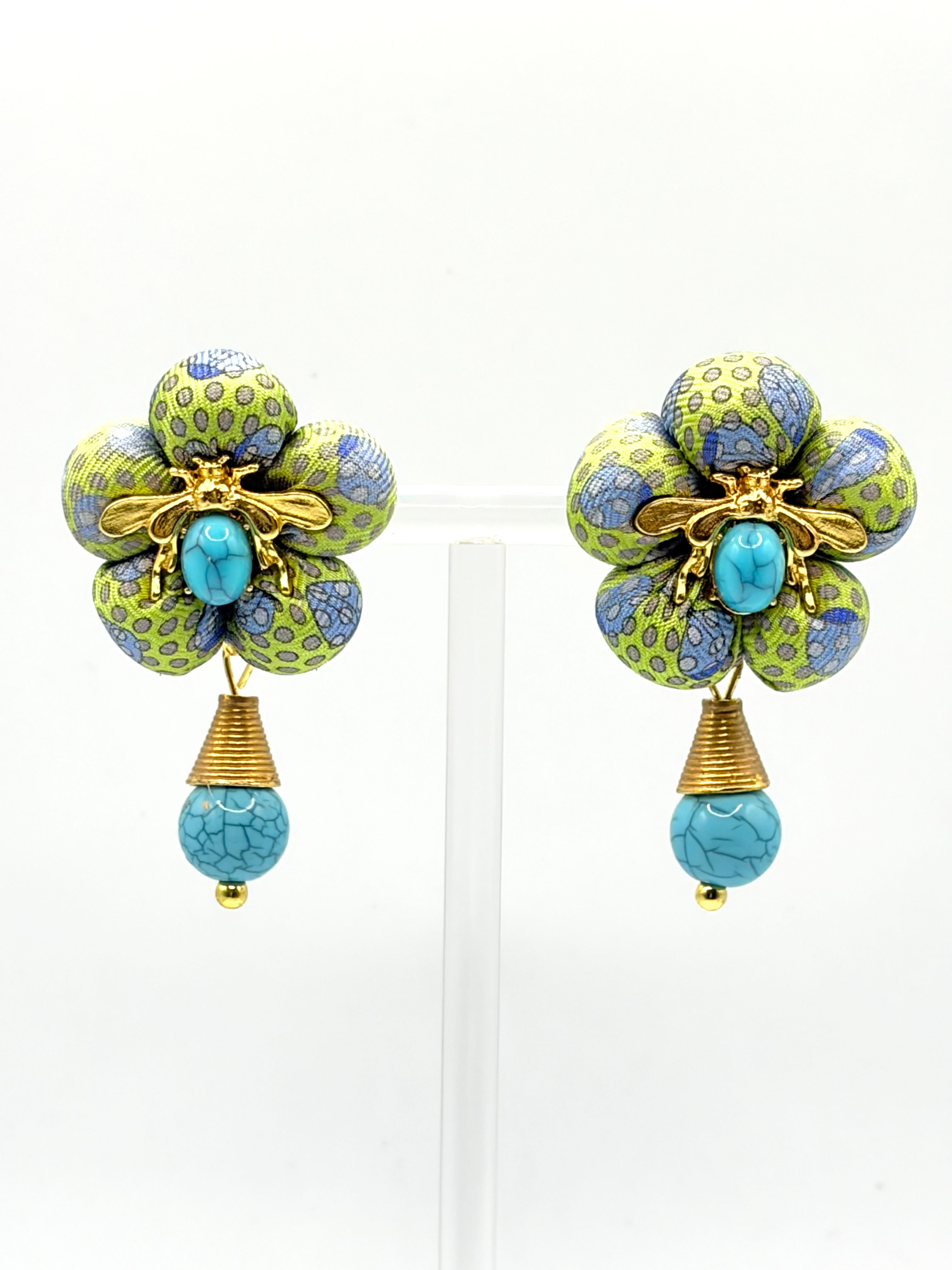Green ladybug bee earrings made from a vintage Hermes silk tie