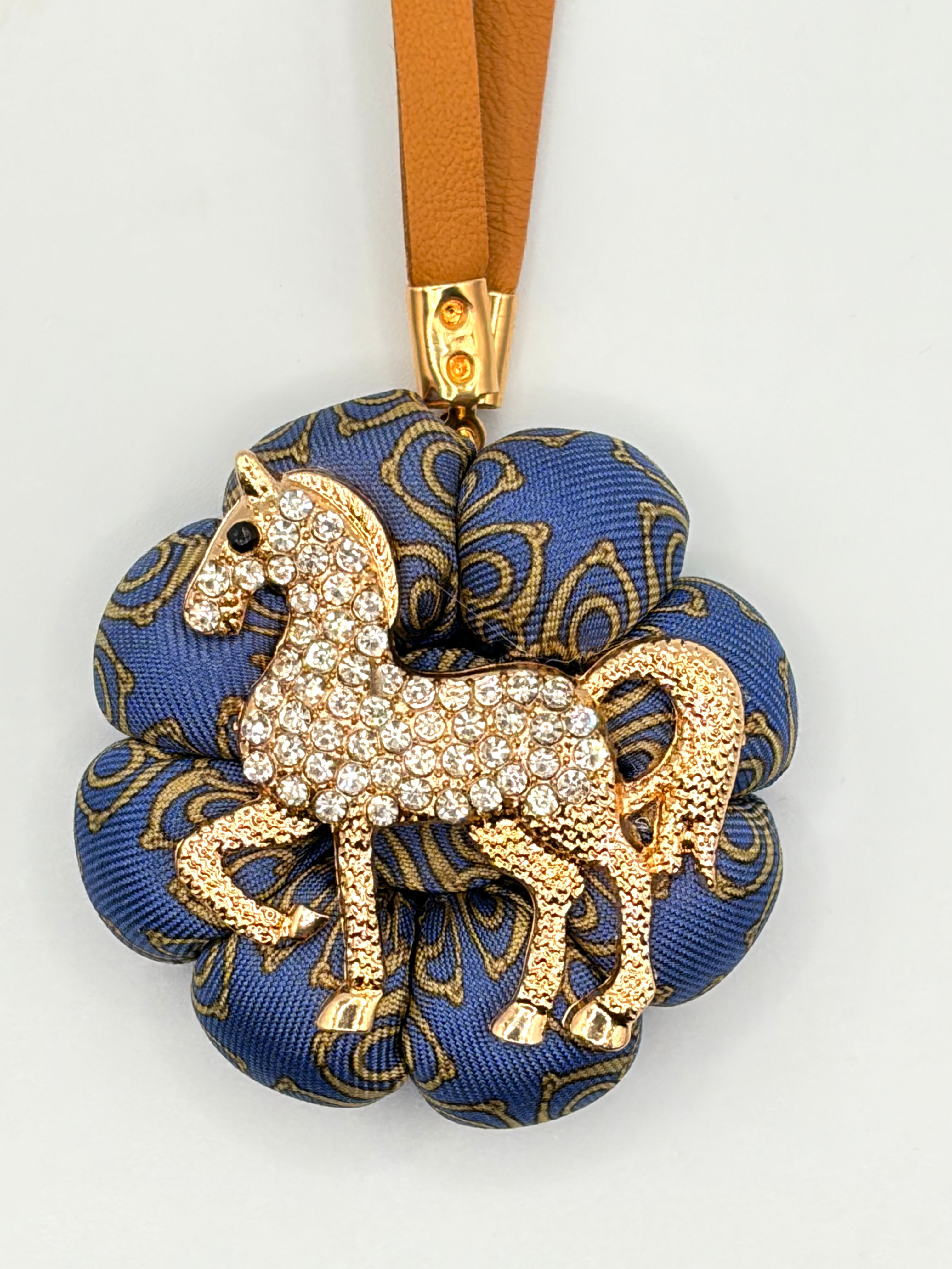 Blue equestrian harness horse bag charm made from a vintage Hermes silk tie