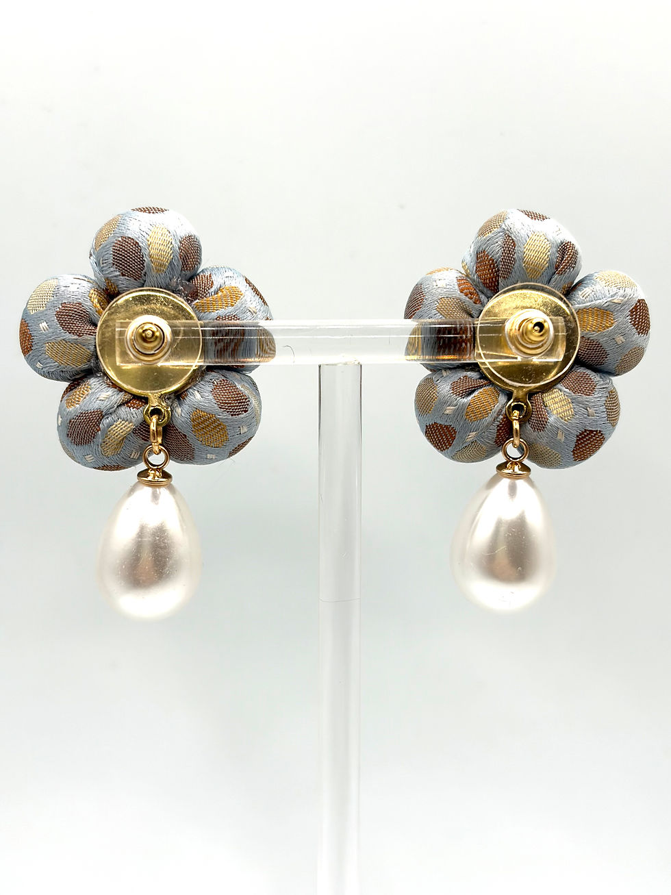 Thumbnail: Powder blue dot CC logo earrings with pearls made from vintage Chanel silk tie
