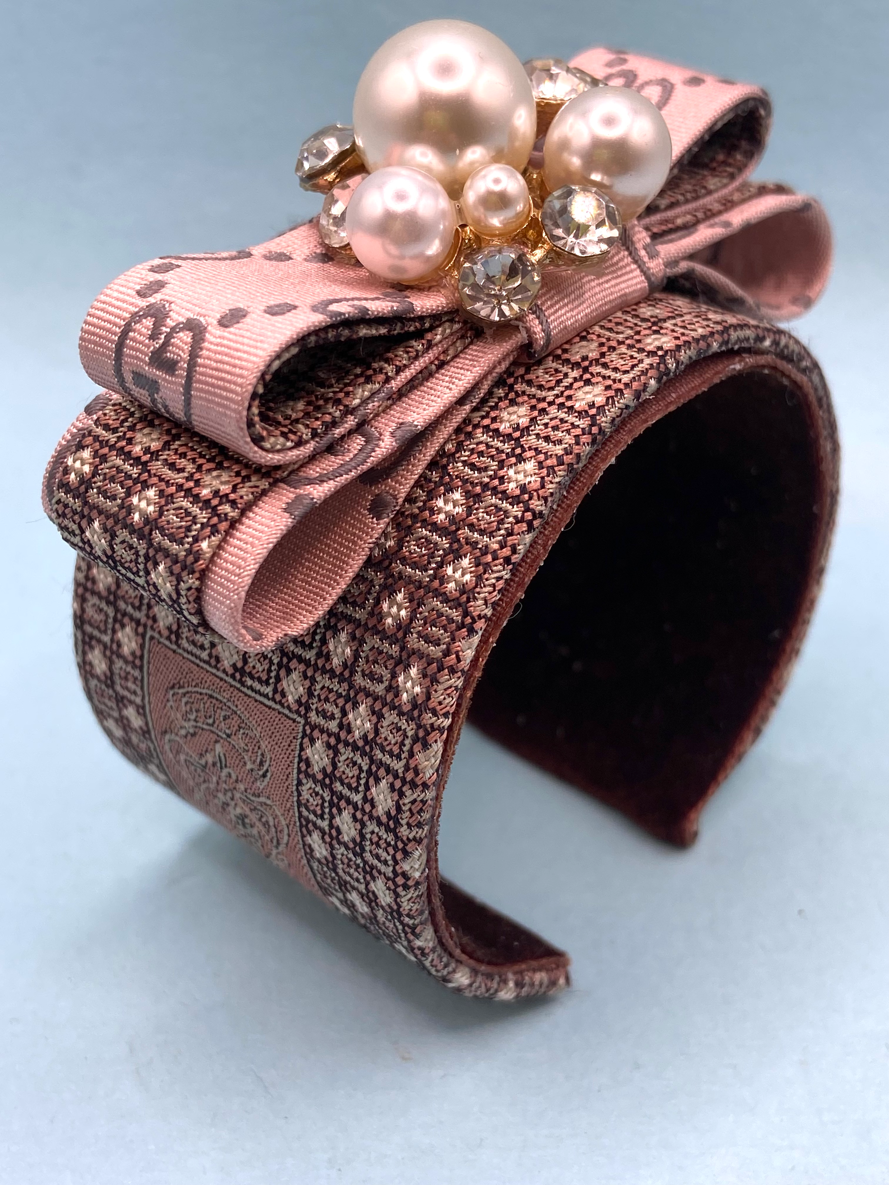 Pink & brown Gucci logo cuff with pearls made from two vintage silk Gucci ties