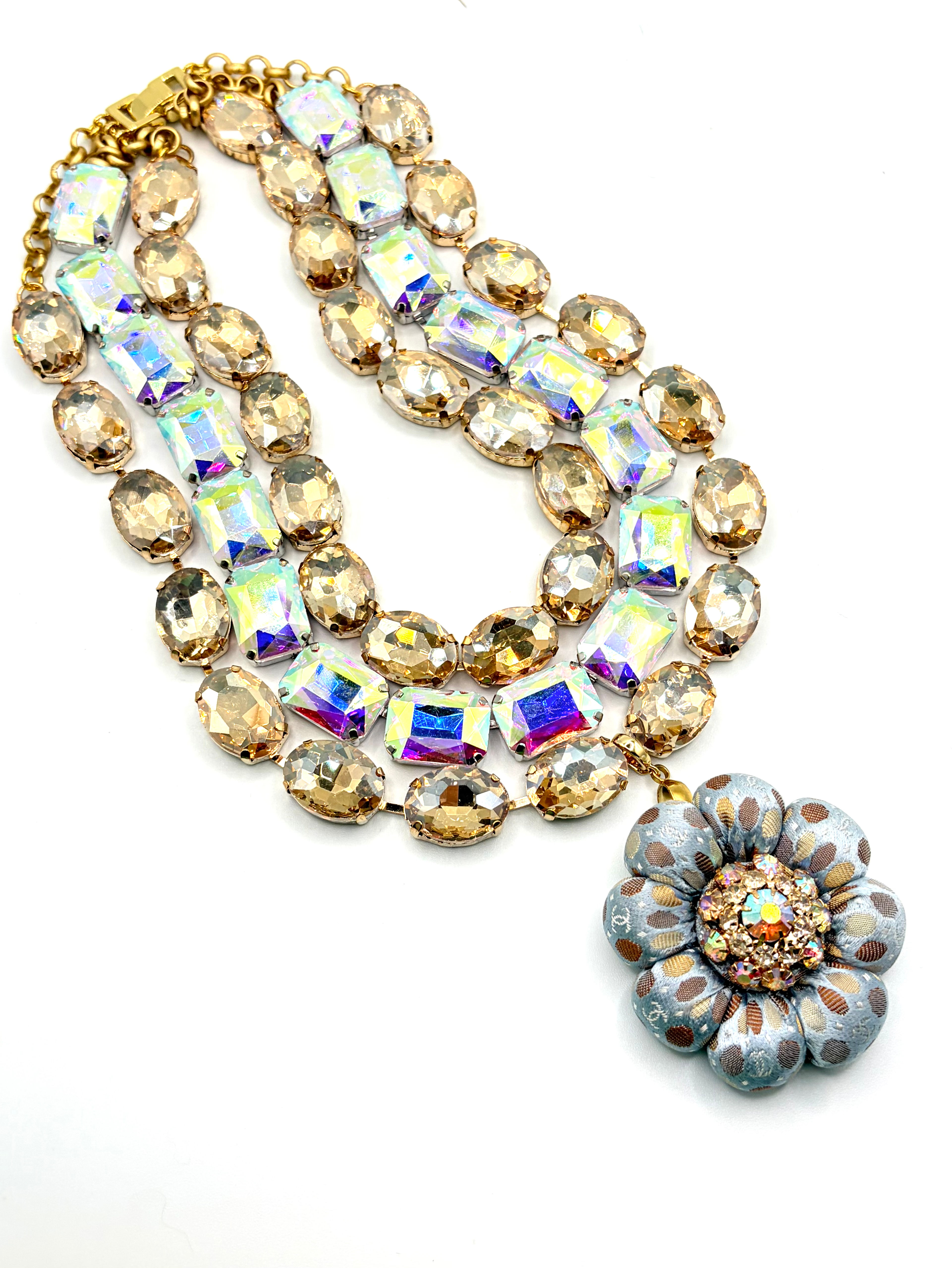 Powder blue & coffee dot print jewel necklace made from vintage Chanel silk tie