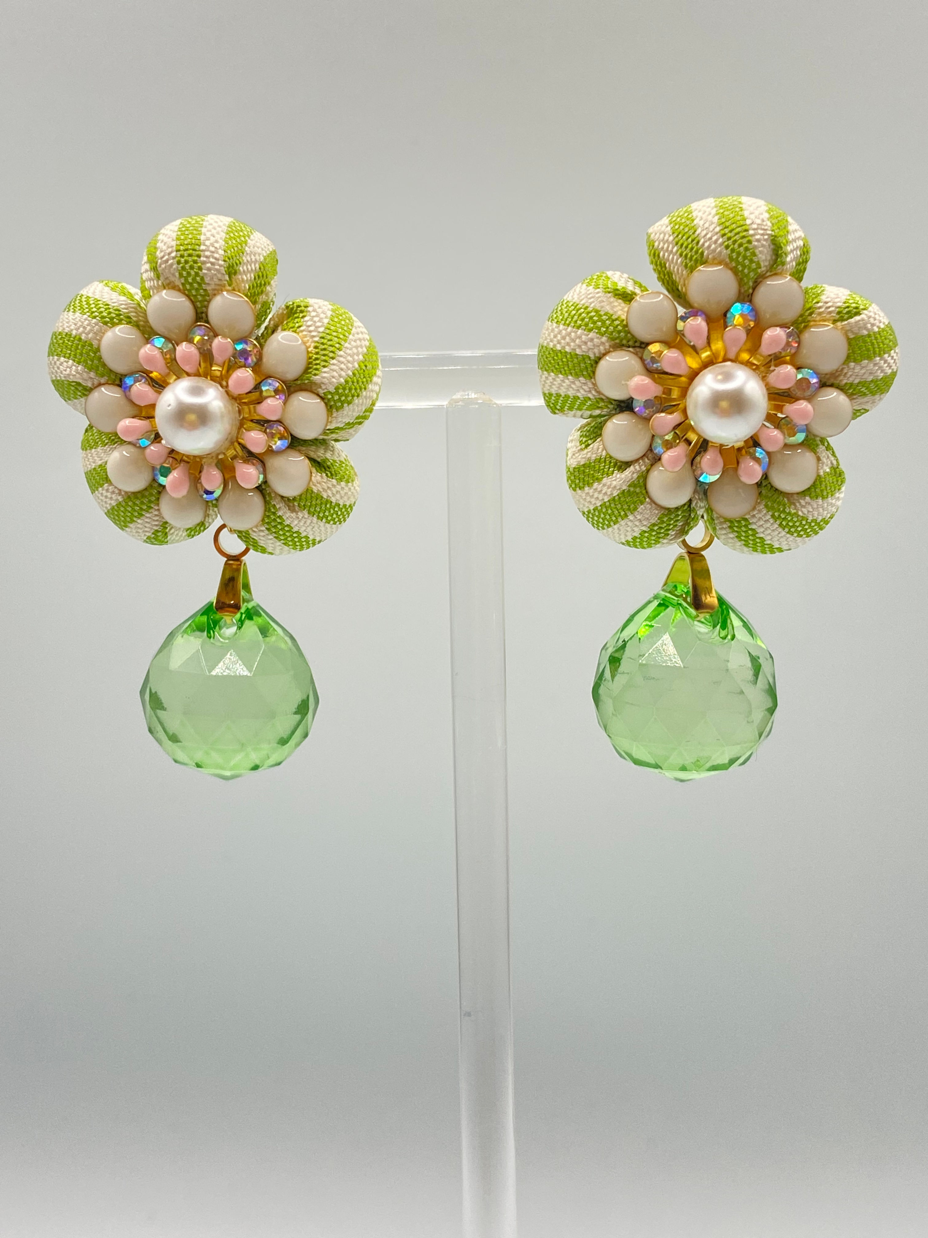 Lime stripe earrings with glass ball drops made from a vintage Burberry silk tie