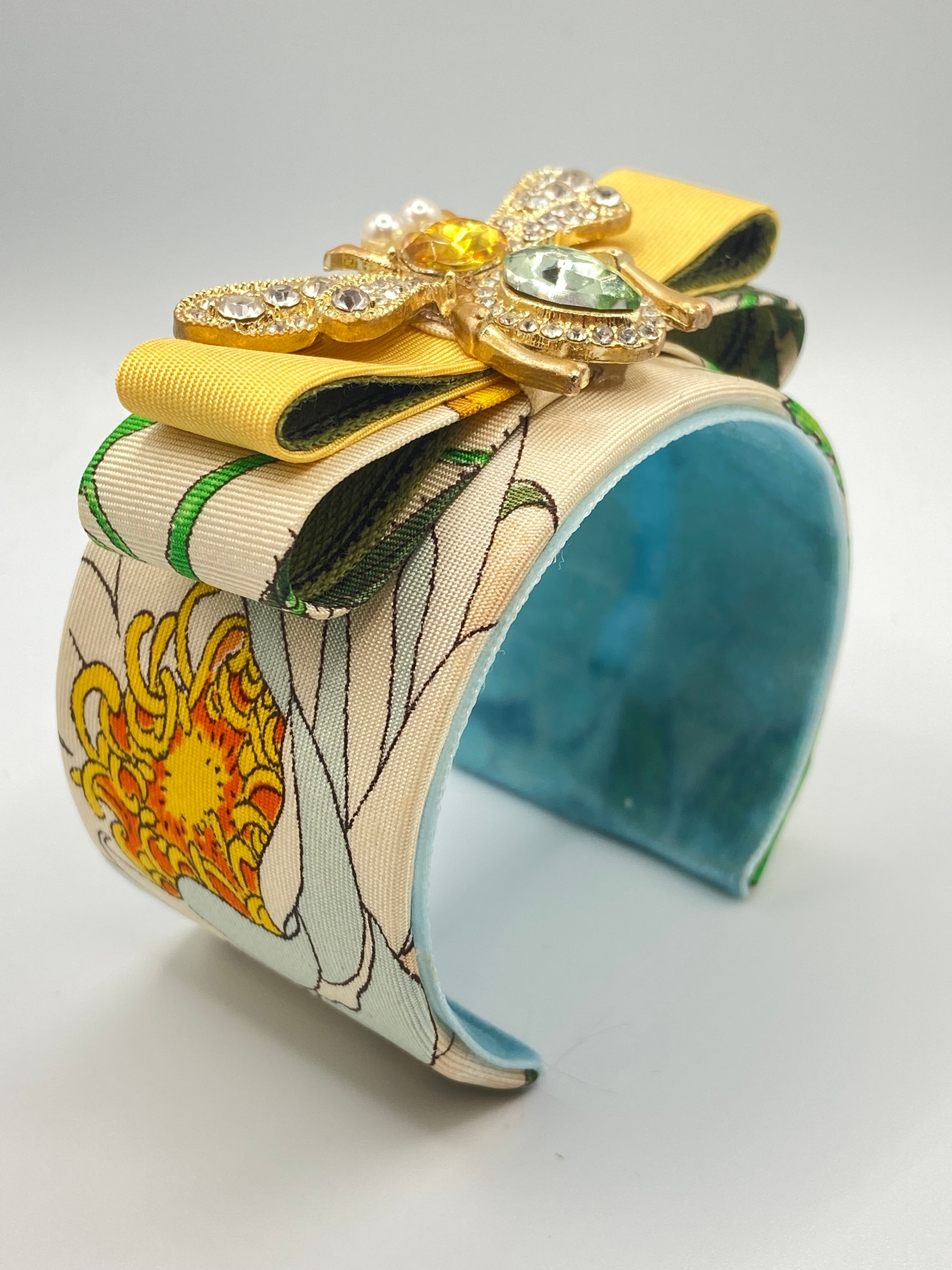 Cream and yellow botanical print cuff made from a vintage Gucci Flora silk tie