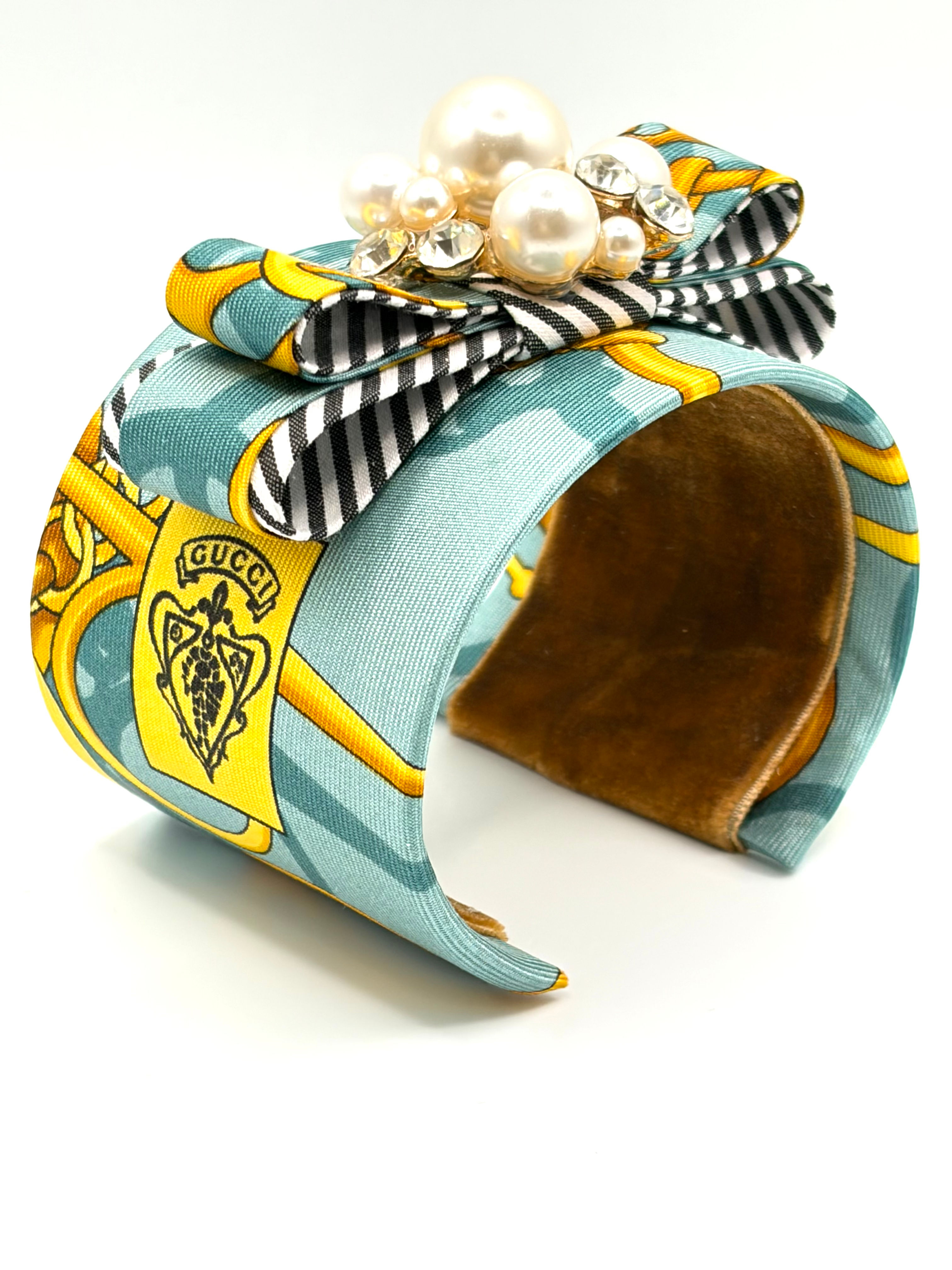 Blue & gold equestrian cuff with pearls made from vintage Gucci silk tie