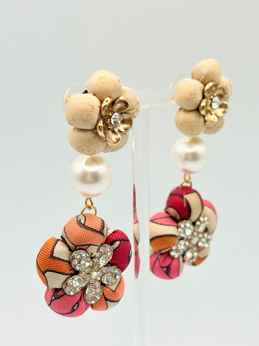 Thumbnail: Pink chain print chandelier earrings made from vintage Gucci silk tie
