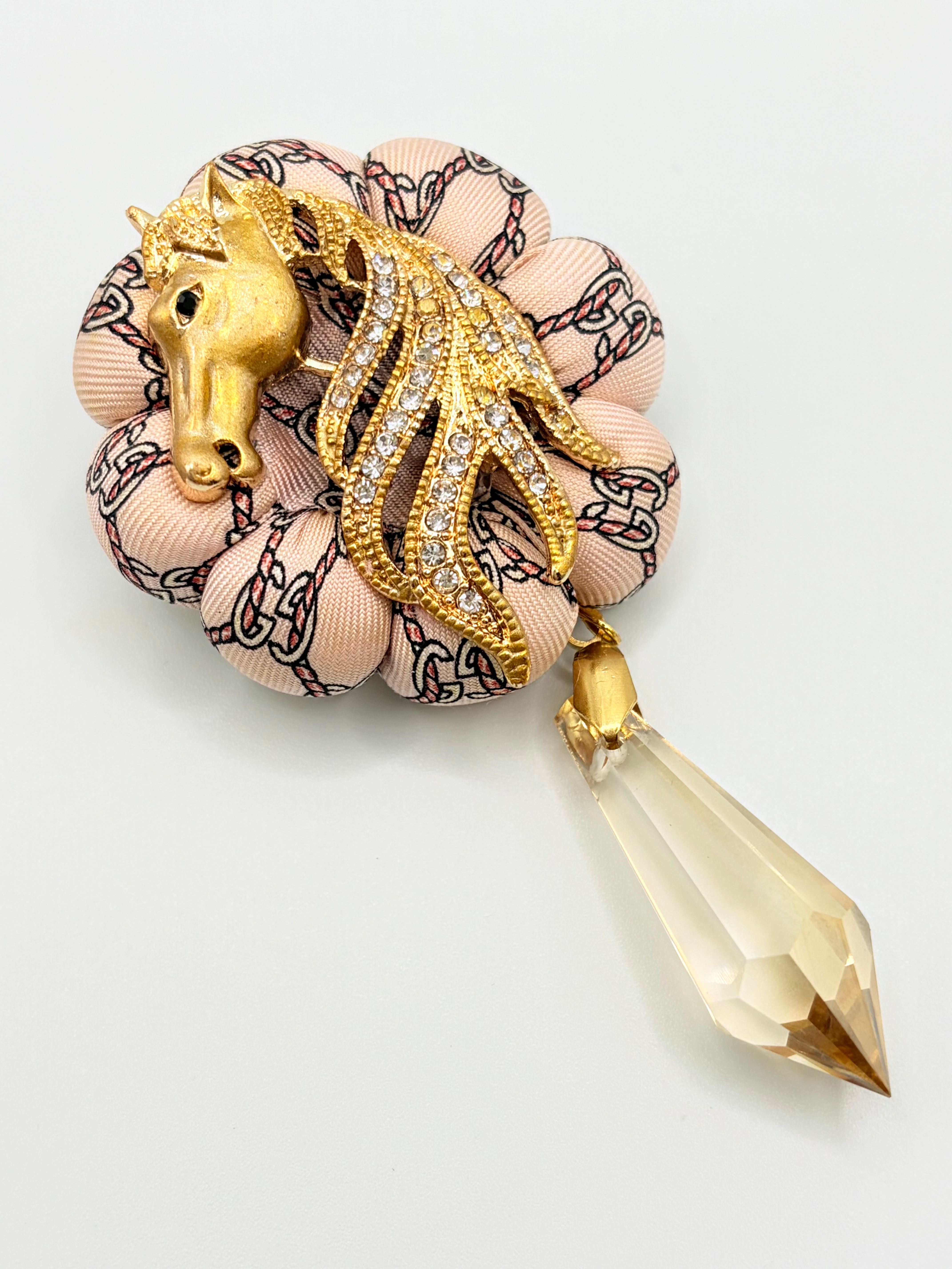 Pink GG logo rosette brooch with glass drop made from a vintage Gucci silk tie