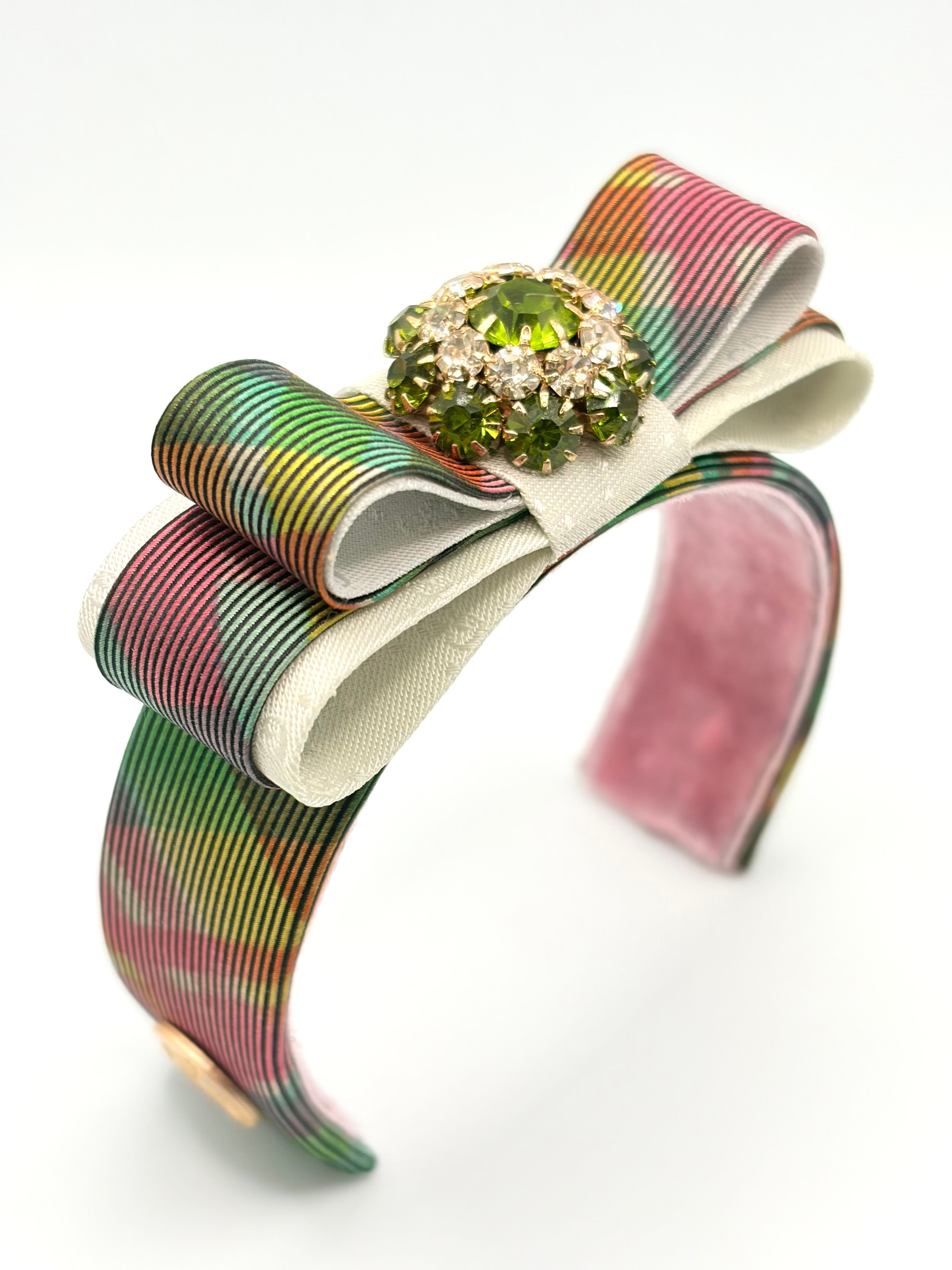 Paint brush gingham print cuff with green made from a vintage Gucci silk tie
