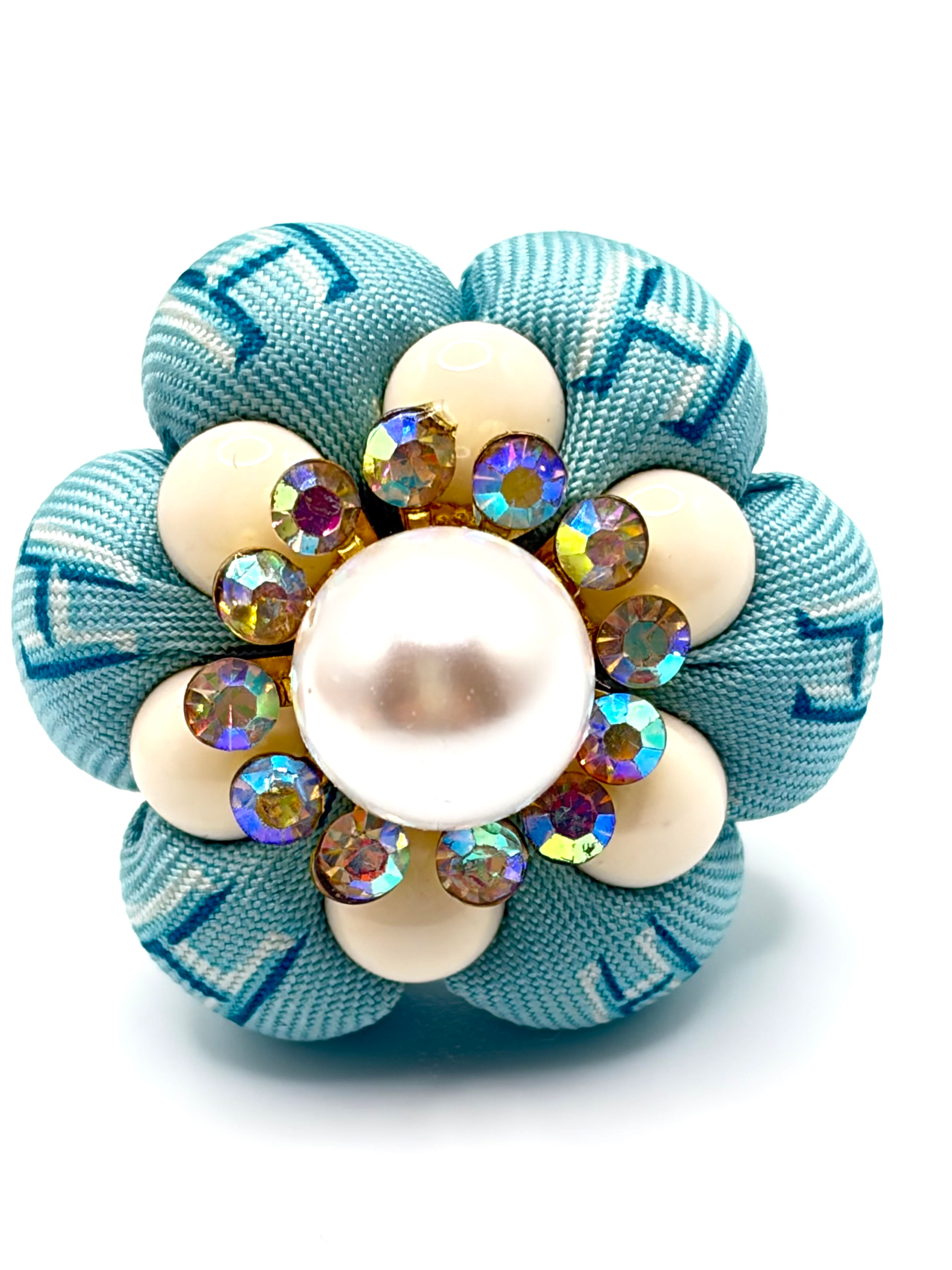 Aqua H logo print ring with enamel pearl made from a vintage Hermes silk tie