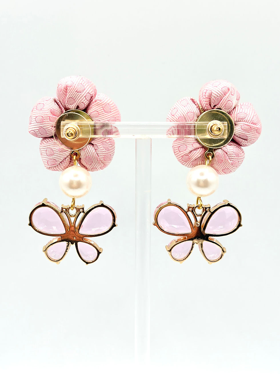 Thumbnail: Pink CC logo earrings with butterfly drops made from a vintage Chanel silk tie