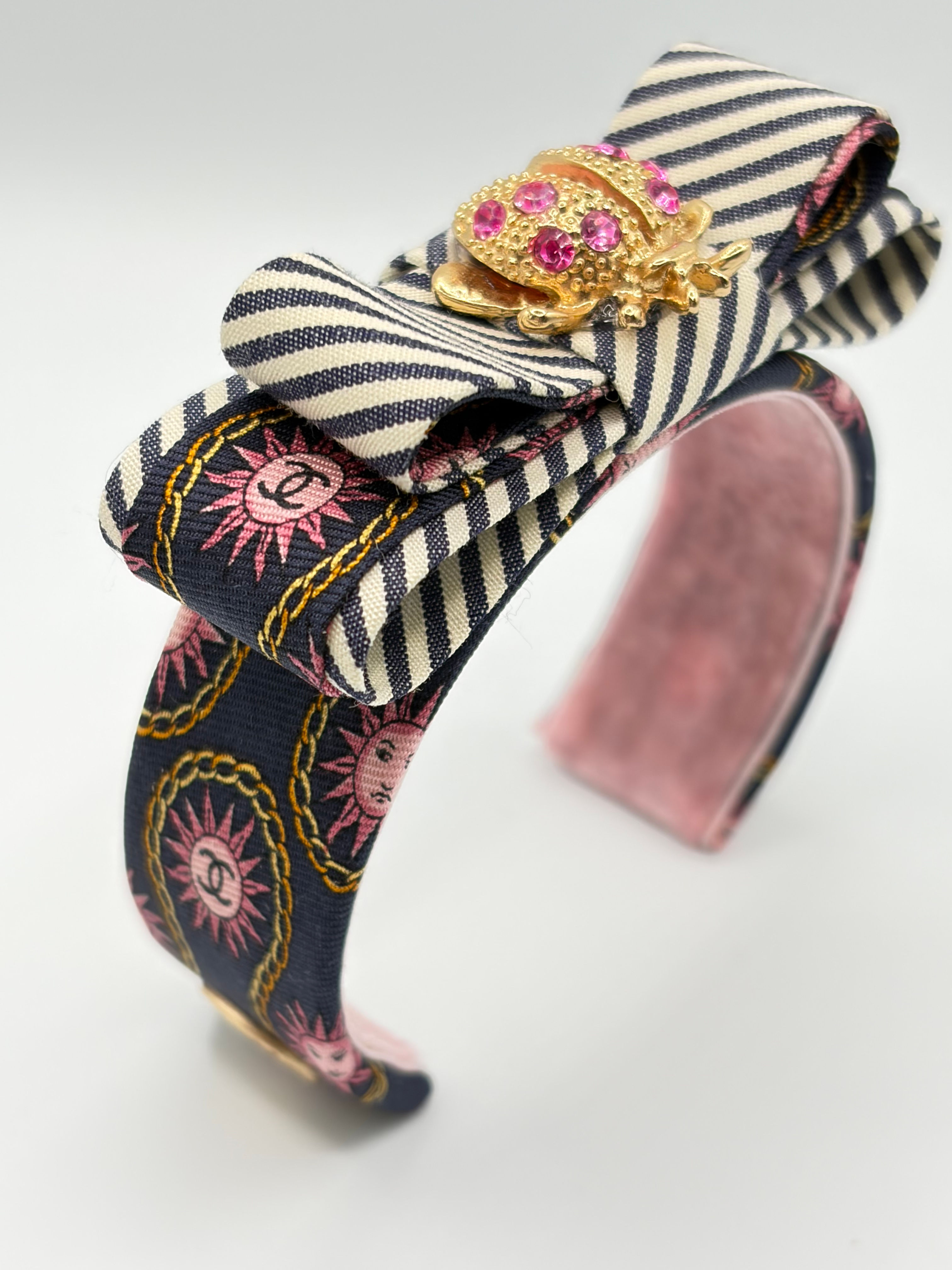 Pink & navy sun print CC logo with ladybug made from a vintage Chanel silk tie