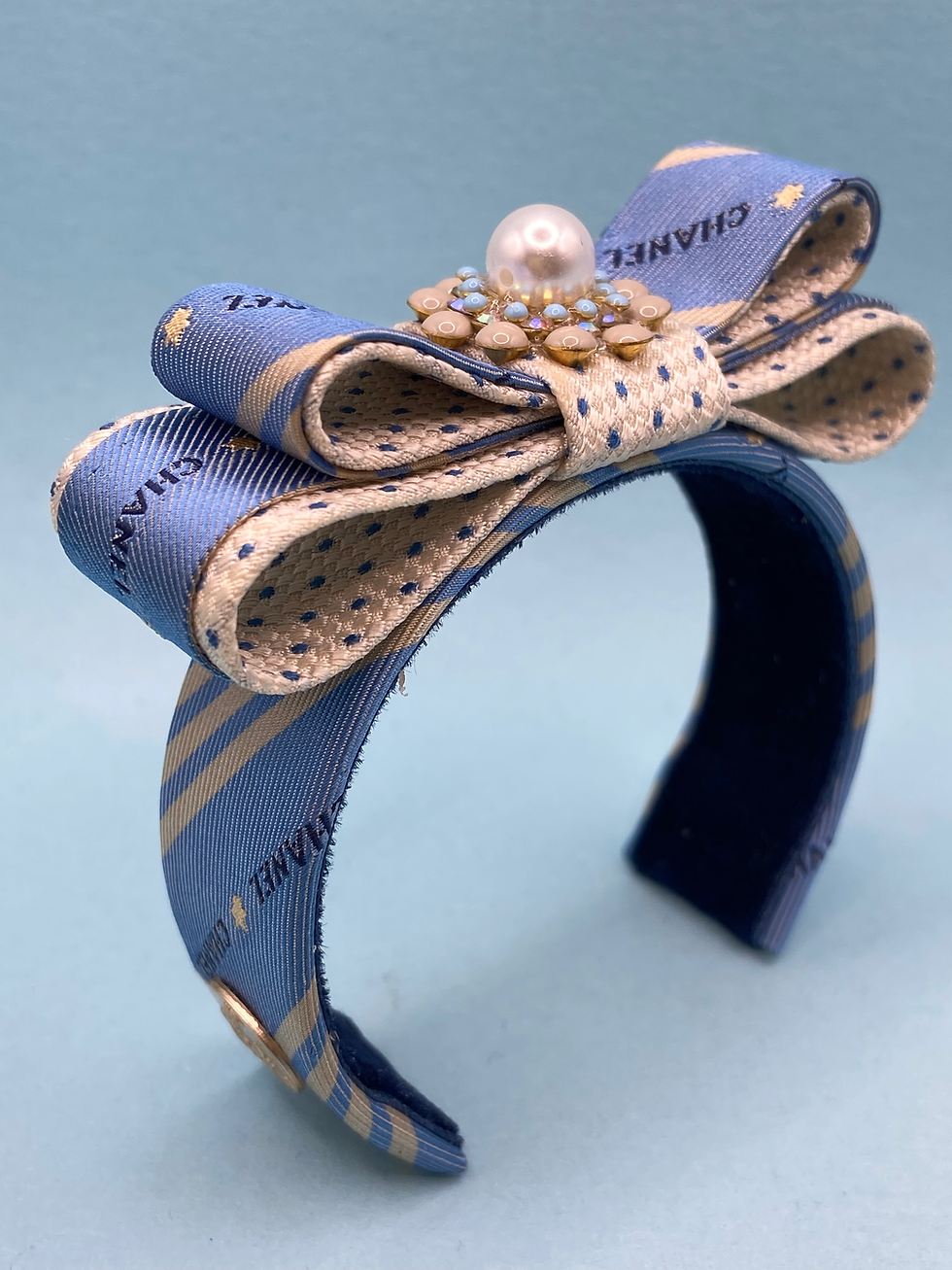 Thumbnail: Blue and cream star & stripe cuff with made from a vintage Chanel tie