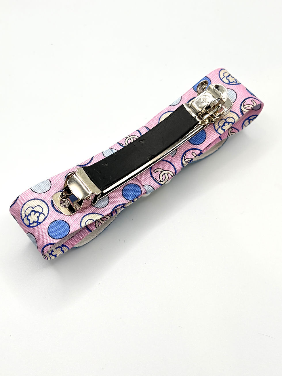 Thumbnail: Blue & pink Chanel logo medium hair clip made from vintage silk Chanel ties