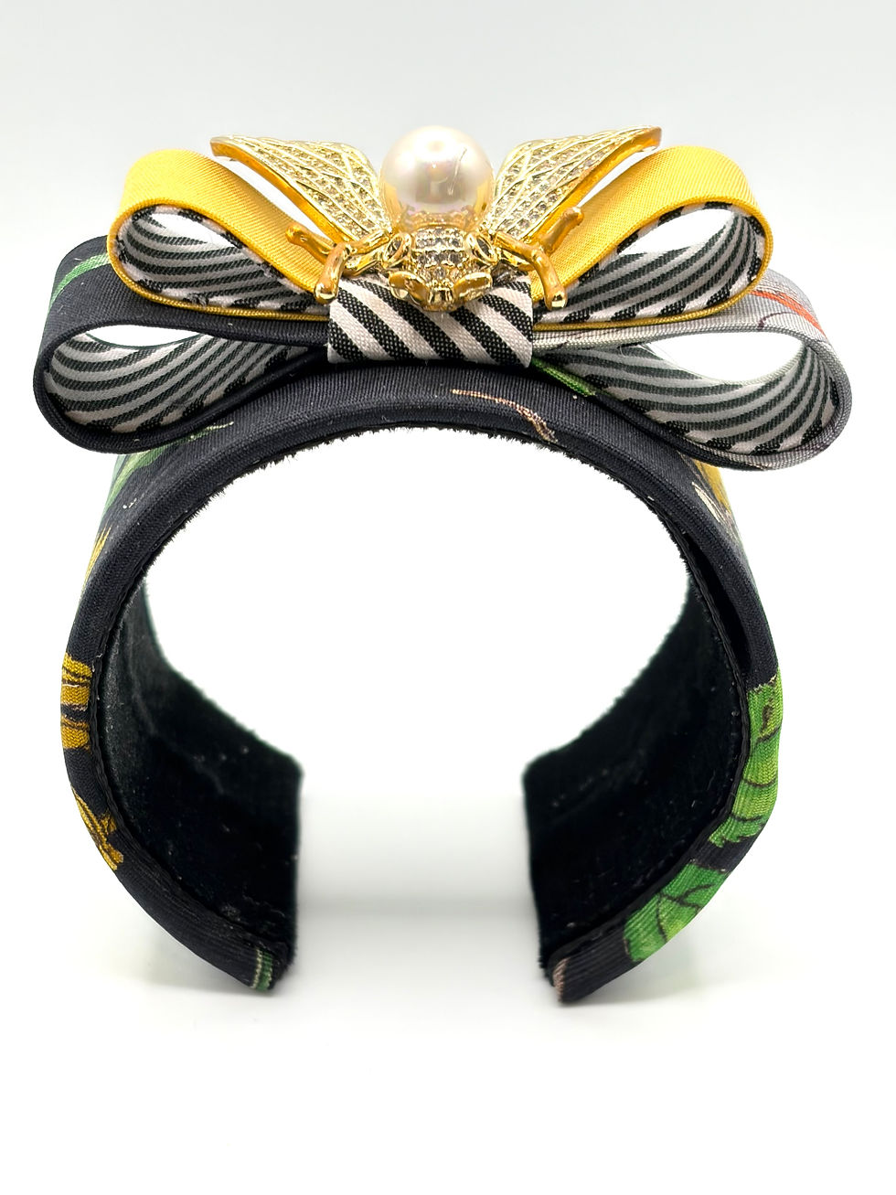 Thumbnail: Black & yellow flora print cuff with bee made from vintage Gucci Flora silk tie