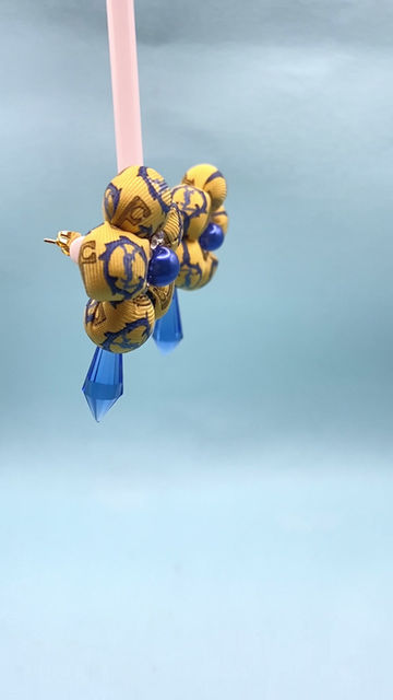 Thumbnail: Blue & yellow earrings with blue cone drops made from vintage YSL silk tie