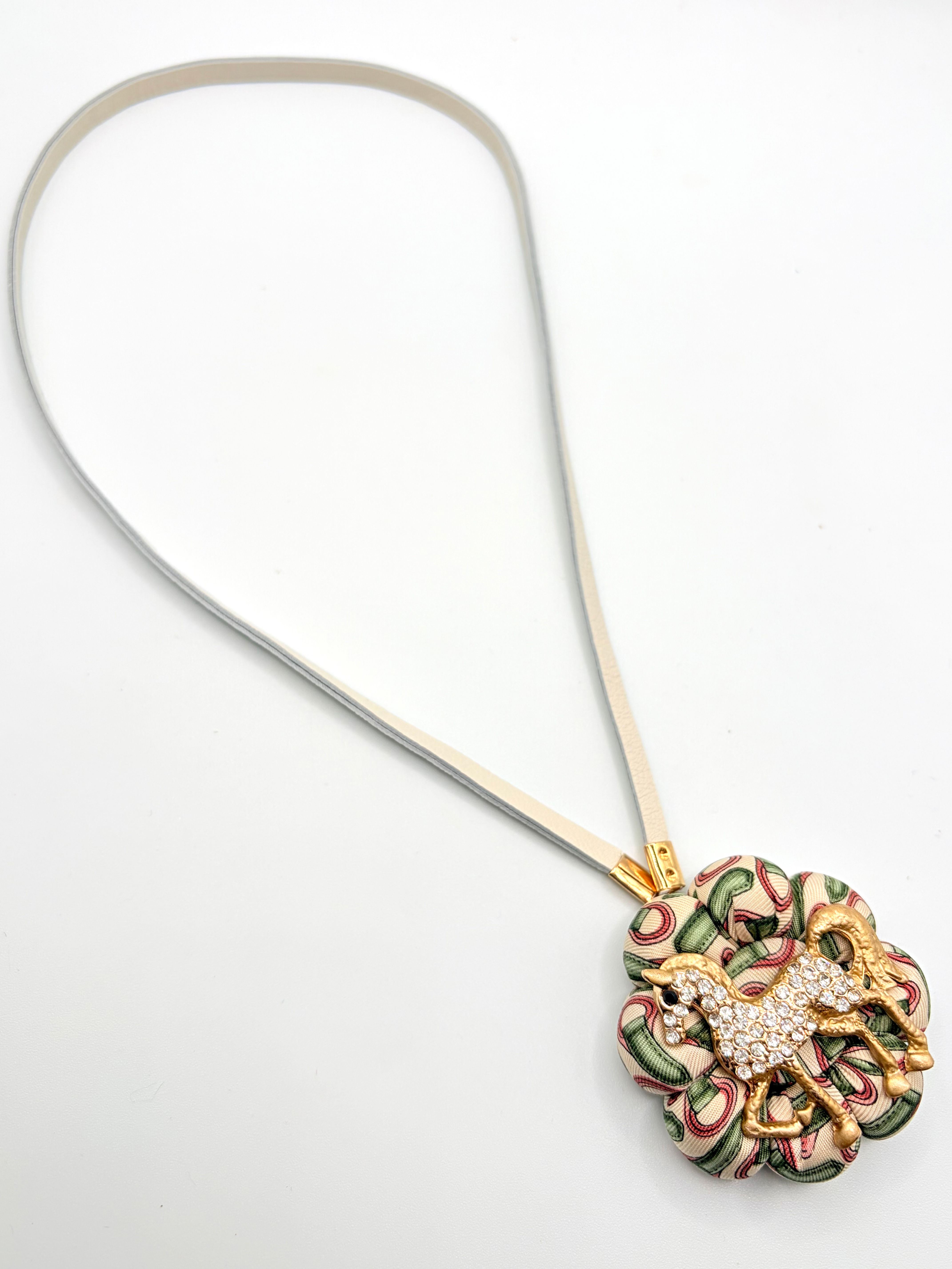 Pink & green equestrian bag charm made from a vintage Gucci silk tie