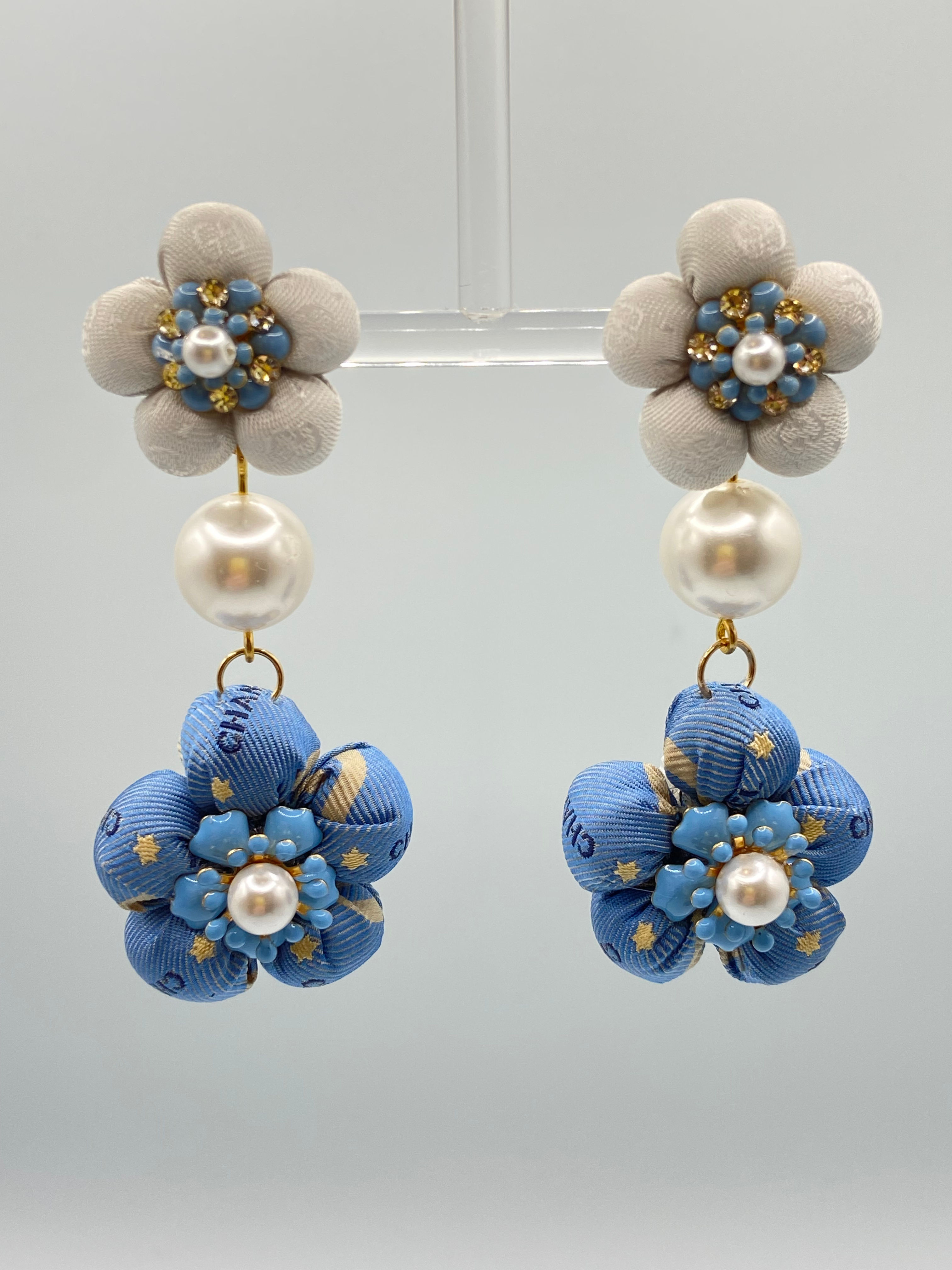 Grey & blue print chandelier earrings made from vintage Chanel & Gucci silk ties
