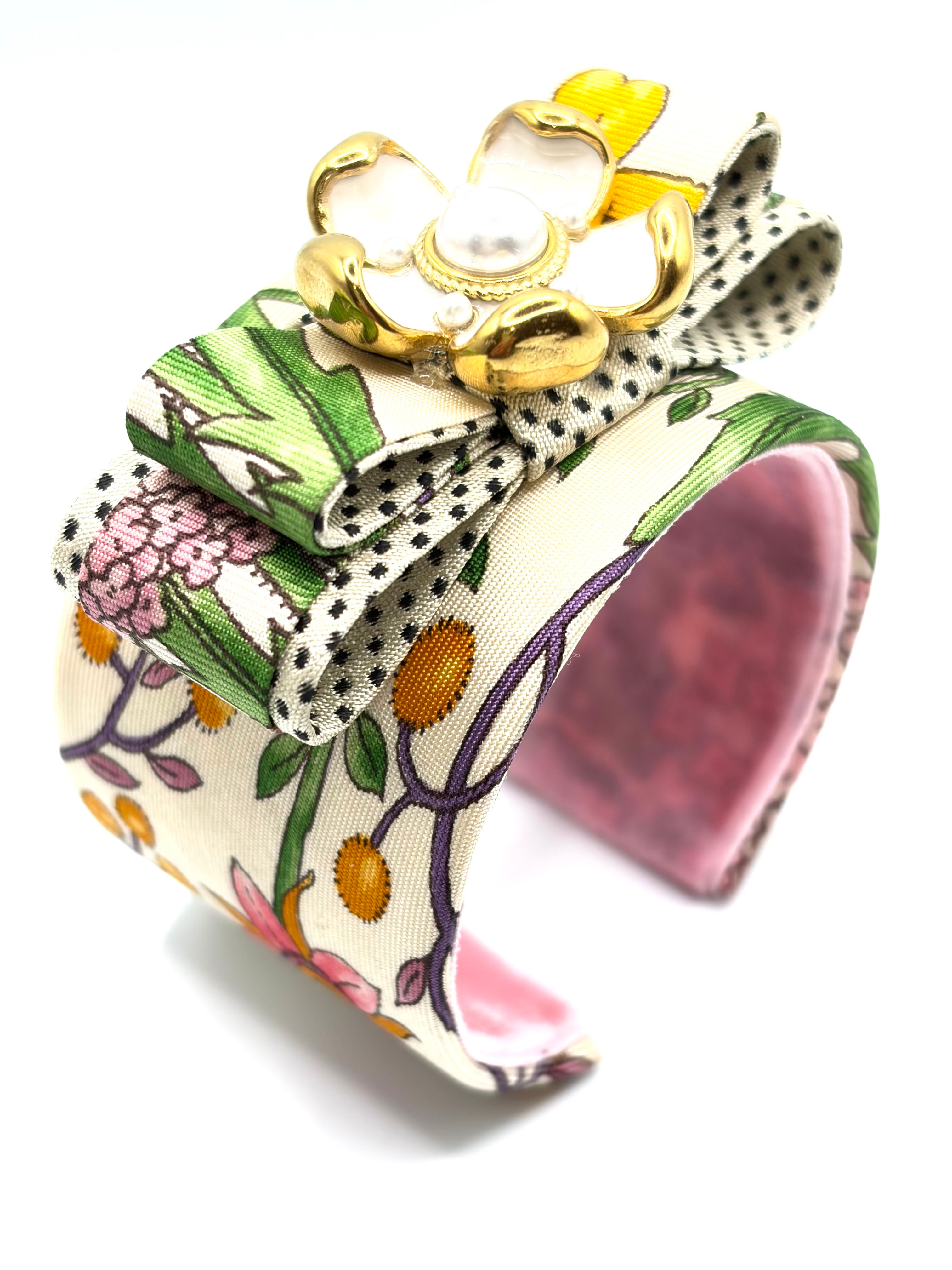 Cream botanical print cuff with flower made from a vintage Gucci Flora silk tie