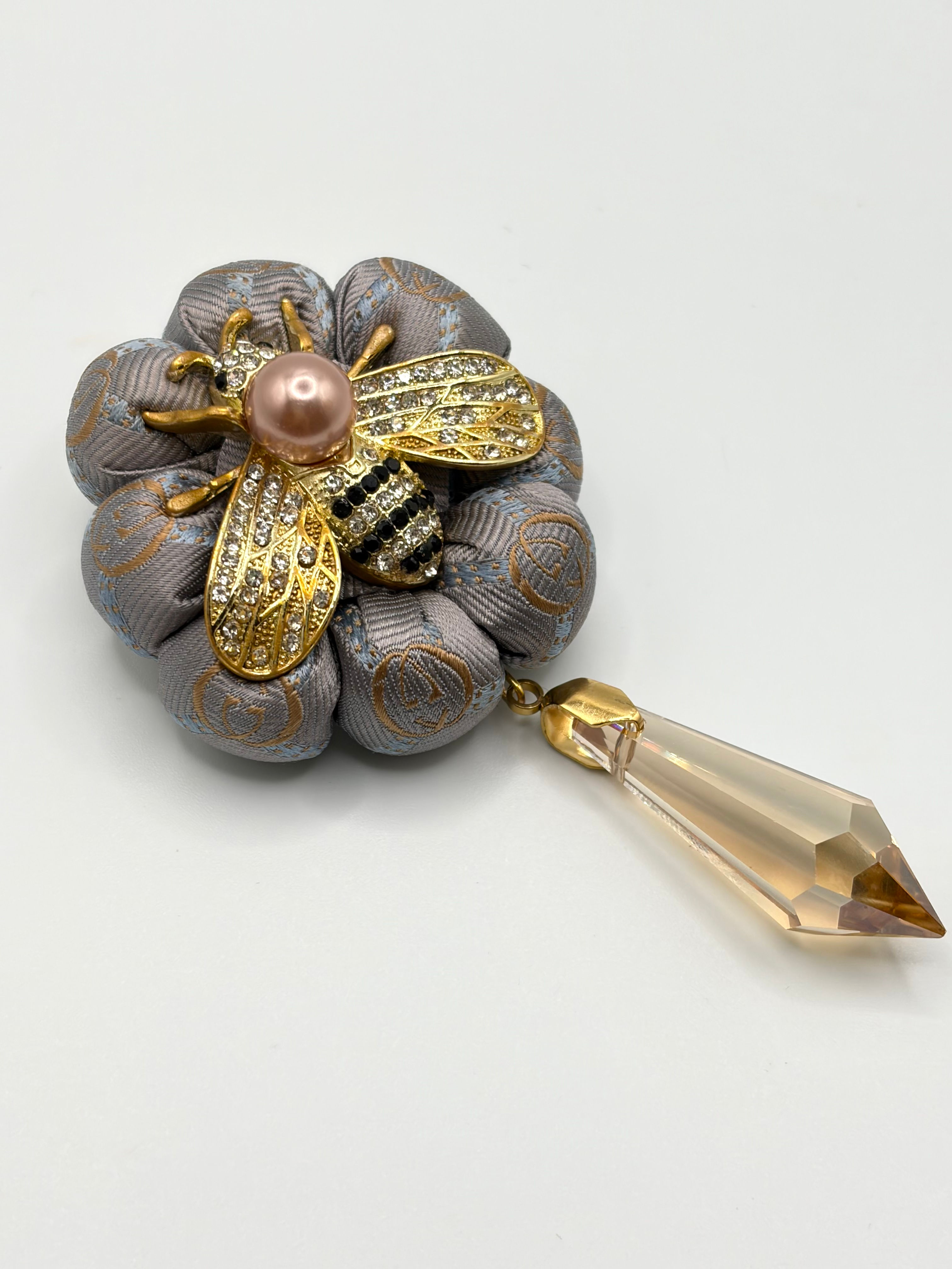 Silver & gold GG rosette brooch with glass drop made from vintage Gucci tie