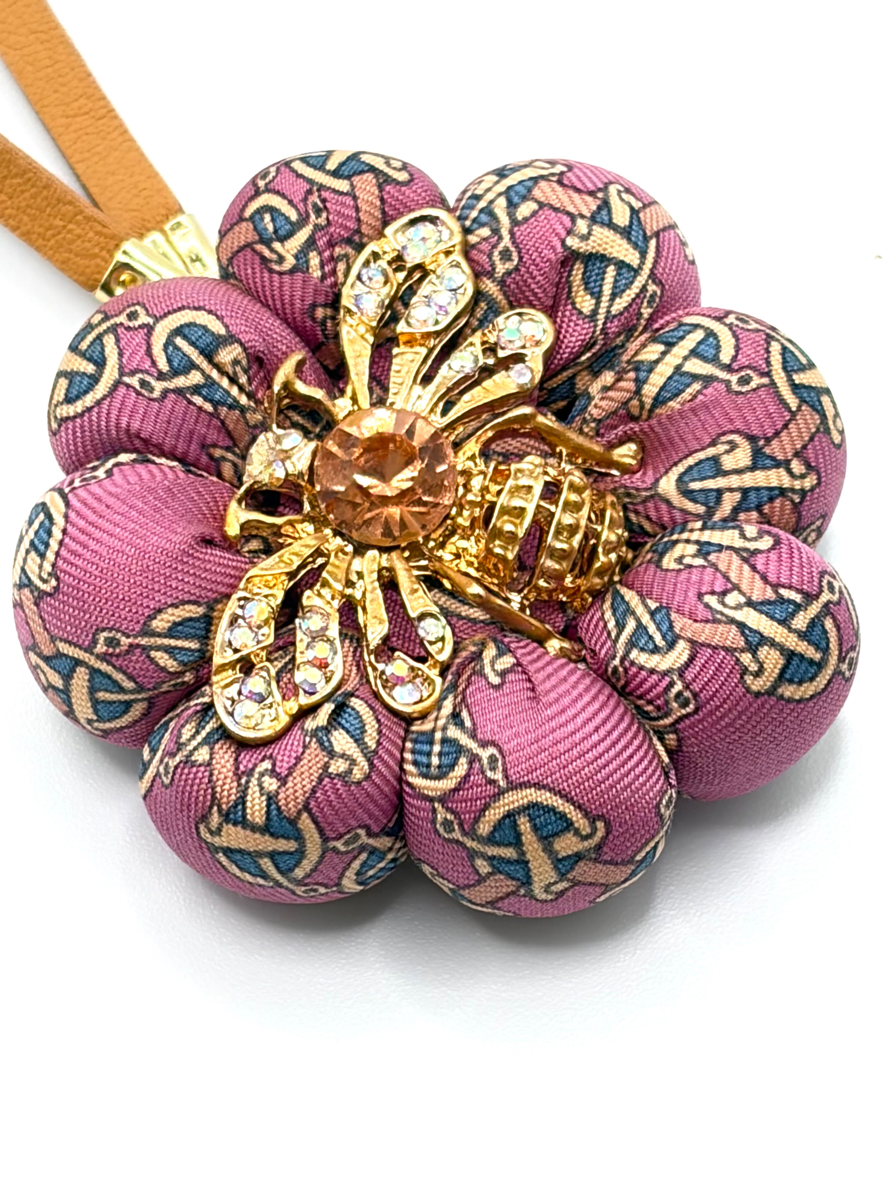 Rose equestrian print bee bag charm made from a vintage Hermes silk tie