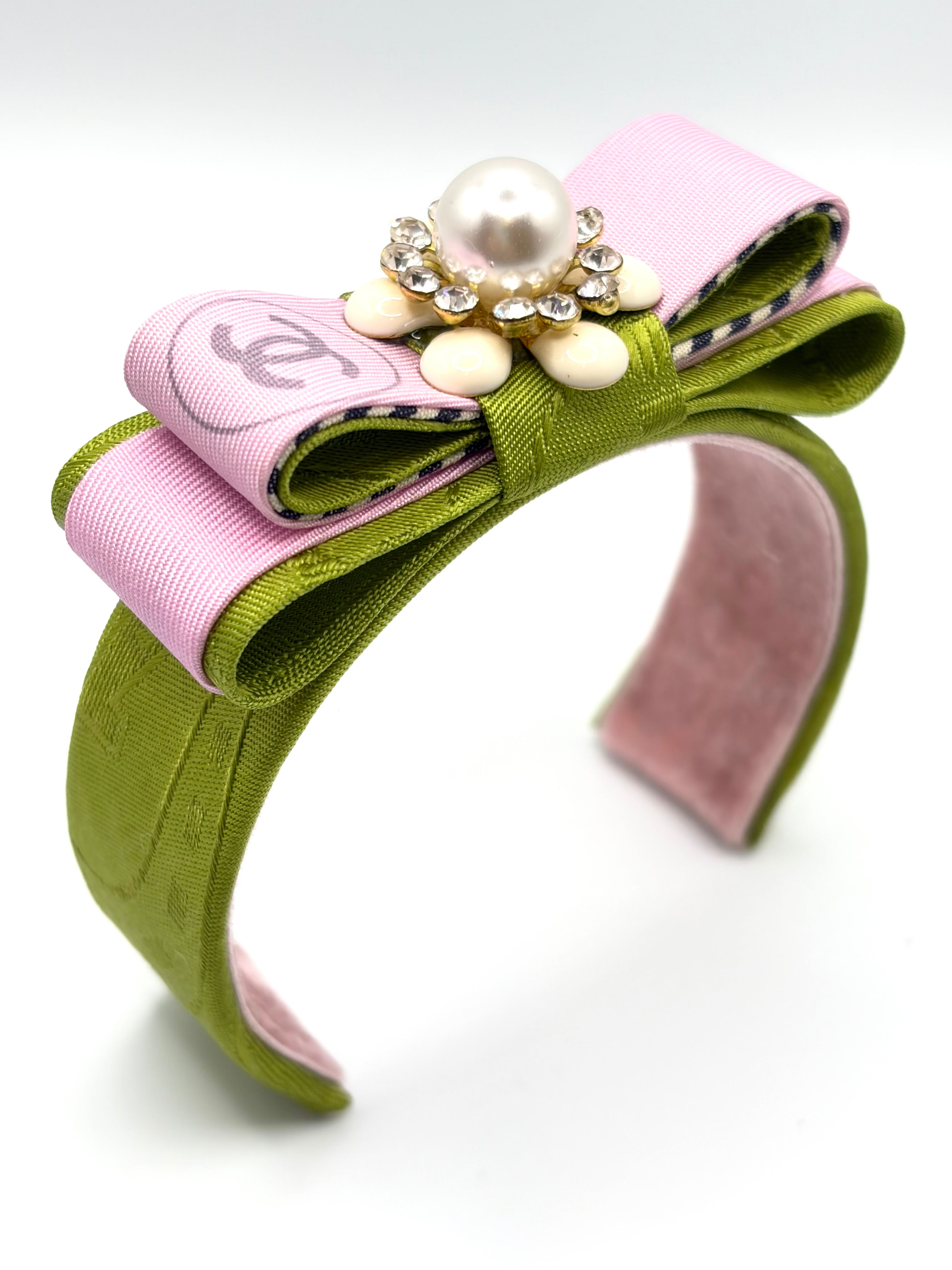 Pink & green cuff with enamel flower made from vintage Chanel & Gucci silk ties