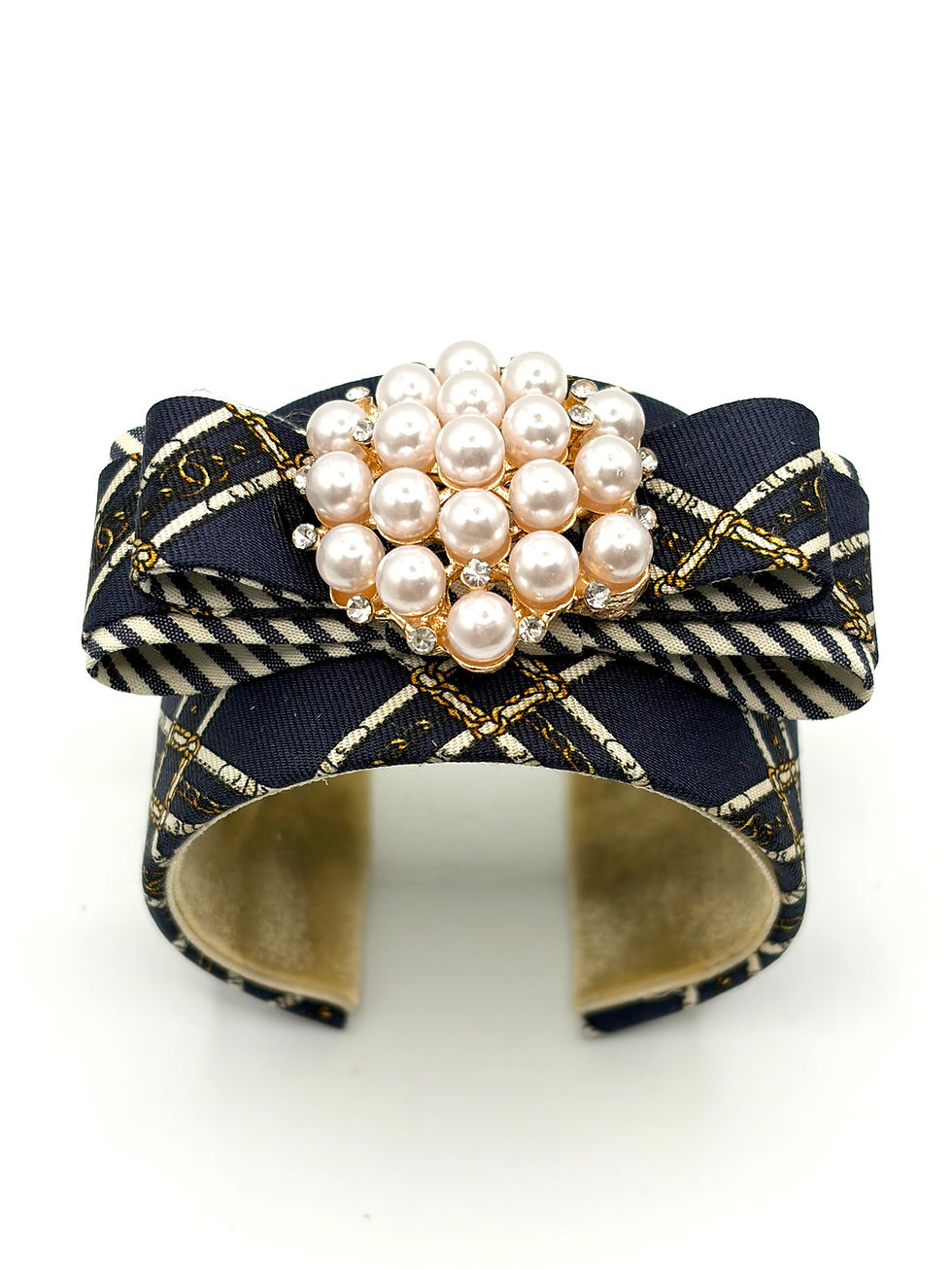 Thumbnail: Navy CC chain print cuff with pearl disc made from a vintage Chanel silk ties