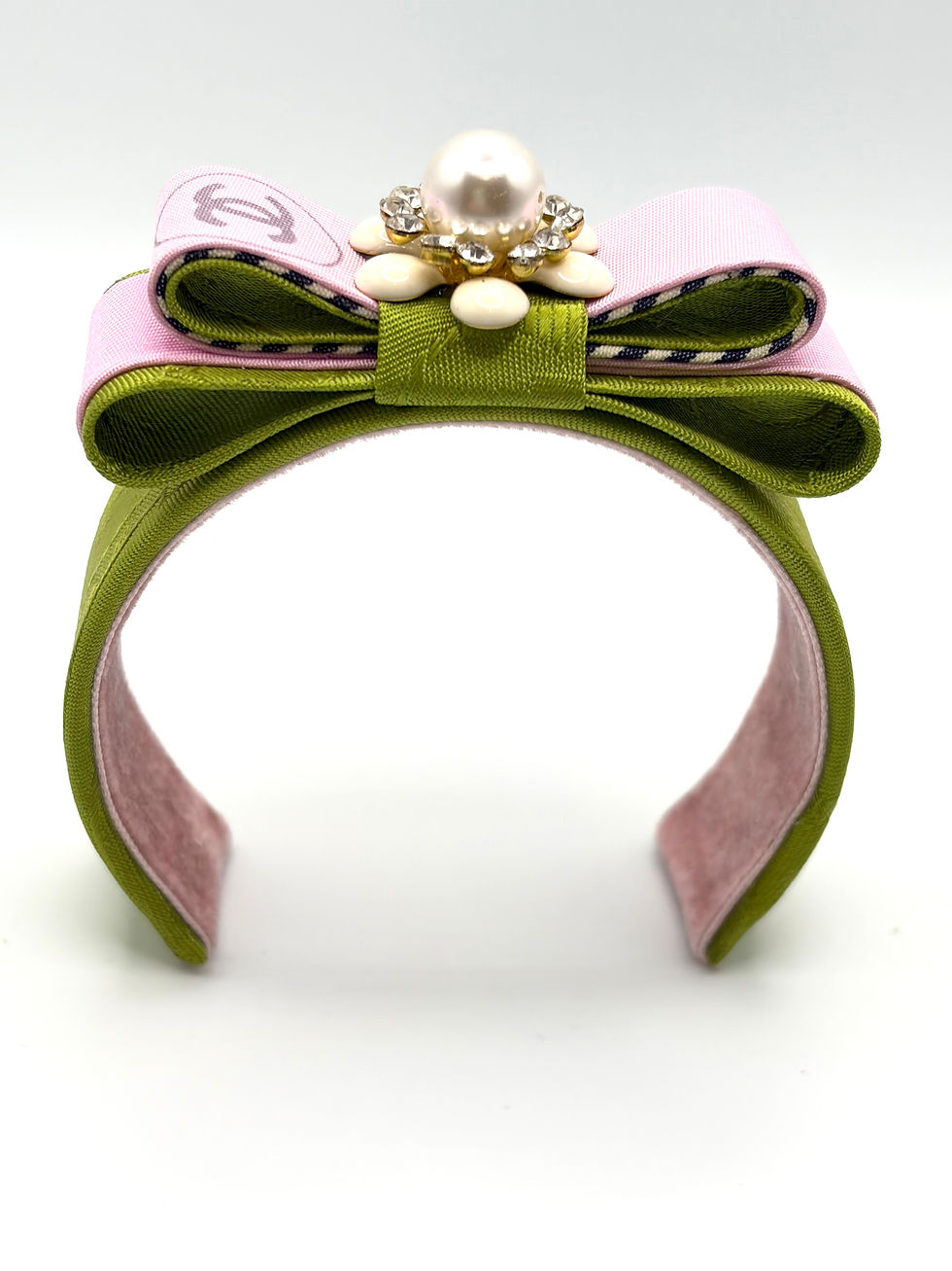 Thumbnail: Pink & green cuff with enamel flower made from vintage Chanel & Gucci silk ties