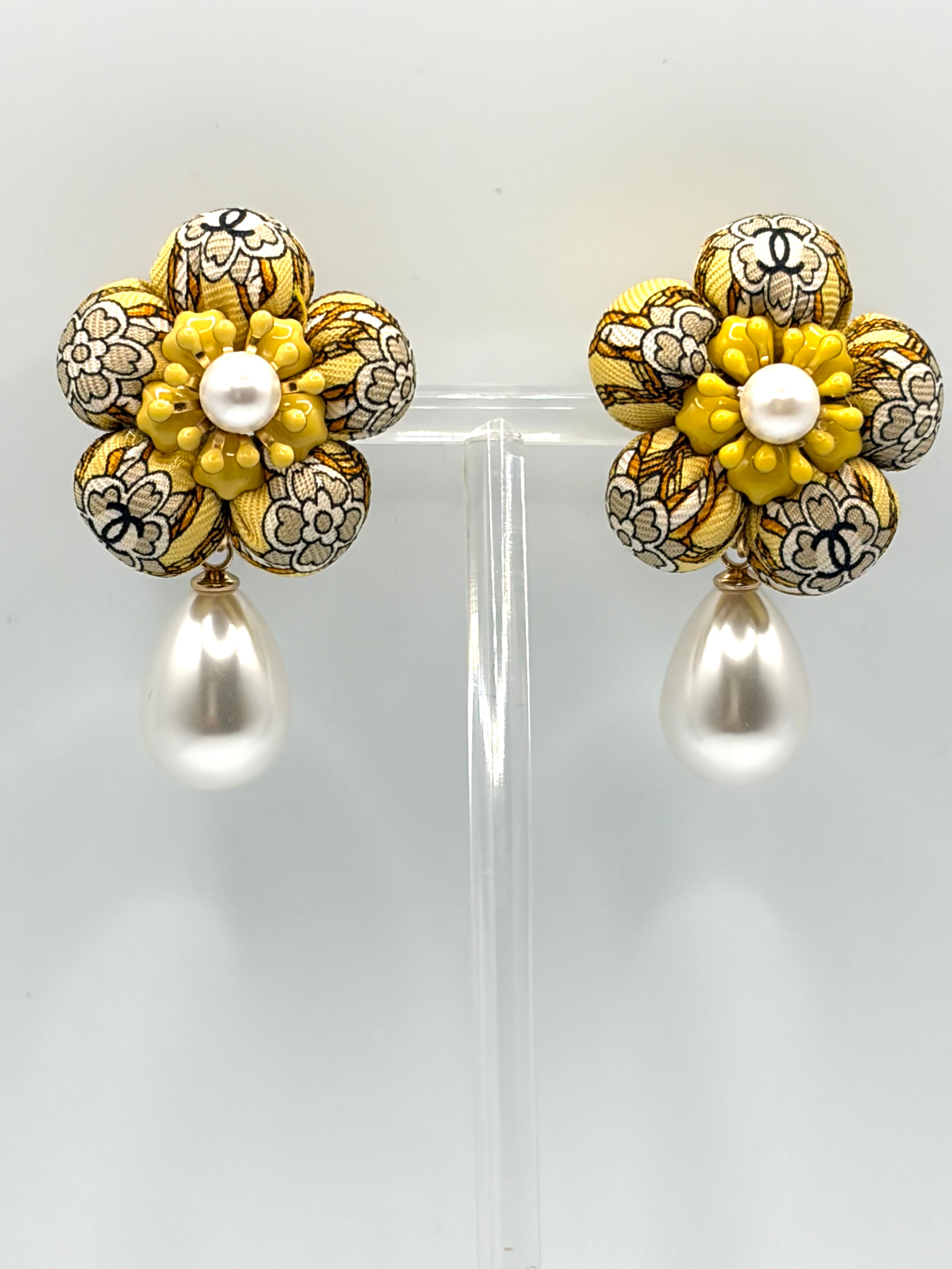 Yellow CC logo enamel & pearl flower earrings made from a vintage Gucci silk tie