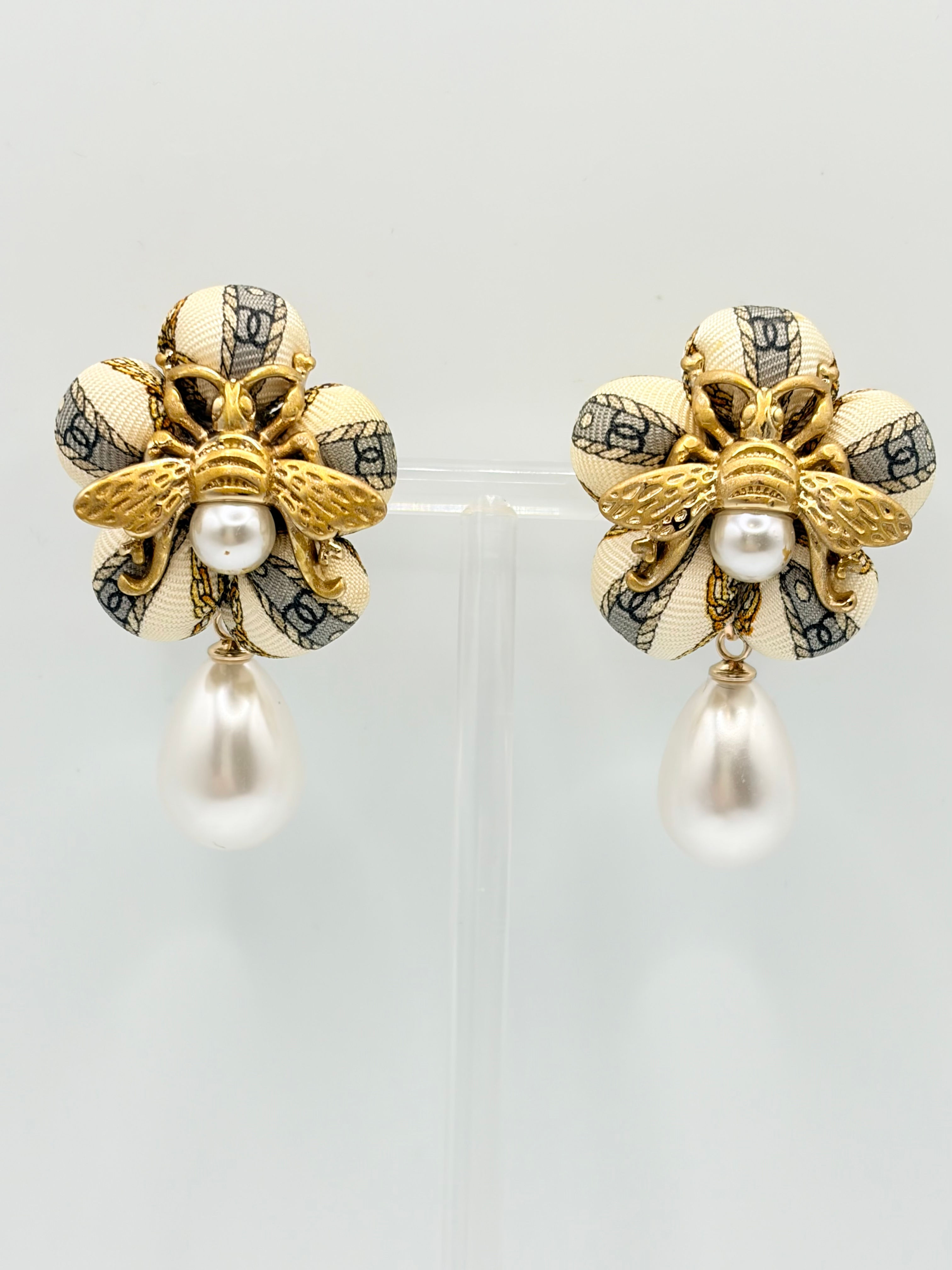Ivory CC logo bee earrings with pearl drops made from vintage Chanel silk tie
