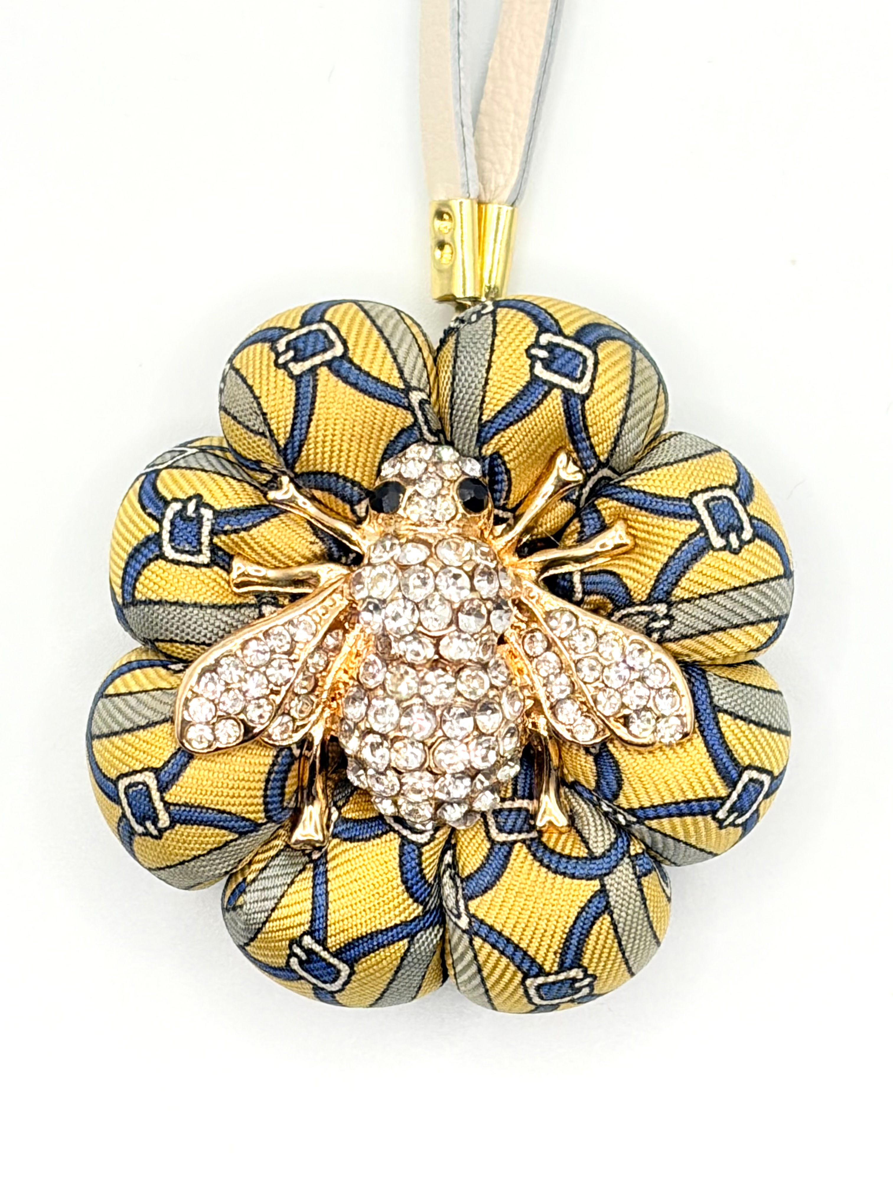 Yellow circle & strap print bee bag charm made from a vintage Gucci silk tie