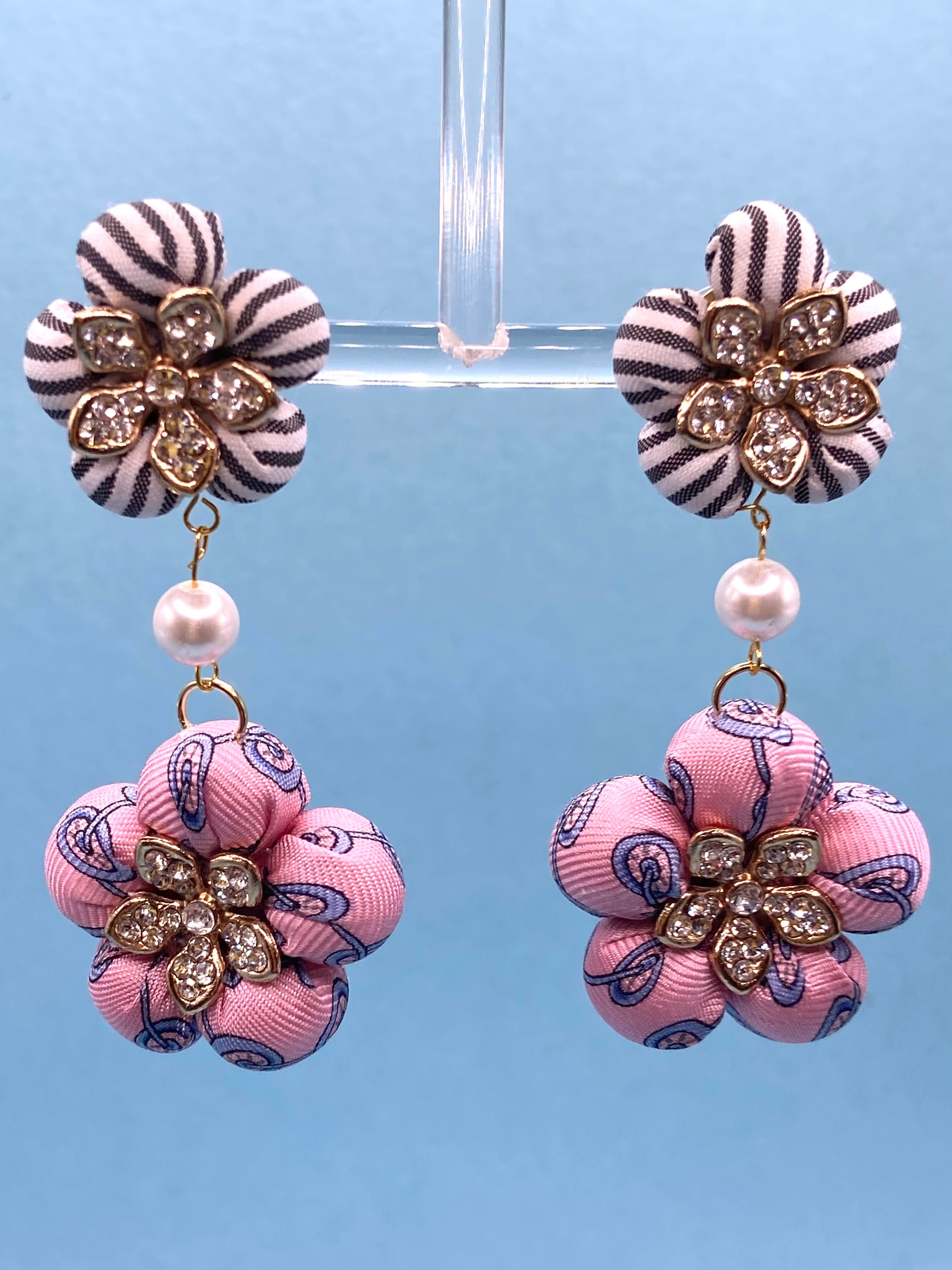 Pink wheel print and striped silk earrings made from a vintage Dunhill tie