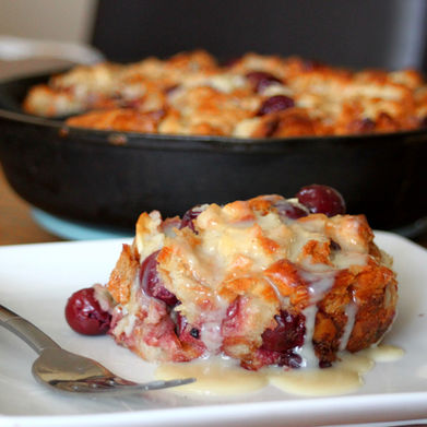 Cherry Almond Croissant Bread Pudding with Cinnamon Whiskey Glaze