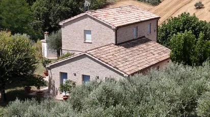 Vista ravvicinata dall'alto di un casolare in pietra con tetto in coppi, immerso tra ulivi e alberi, in un contesto rurale collinare.
